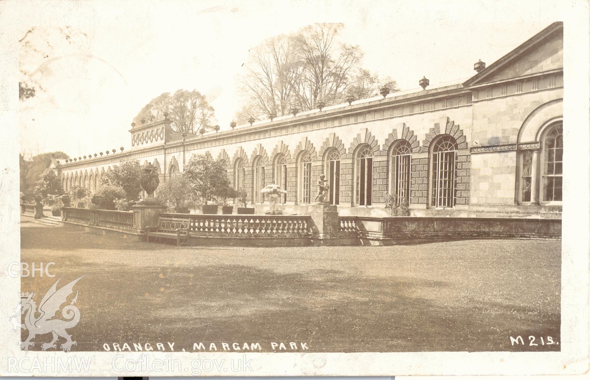 Digitised postcard image of the Orangery, Margam Castle. Produced by Parks and Gardens Data Services, from an original item in the Peter Davis Collection at Parks and Gardens UK. We hold only web-resolution images of this collection, suitable for viewing on screen and for research purposes only. We do not hold the original images, or publication quality scans.