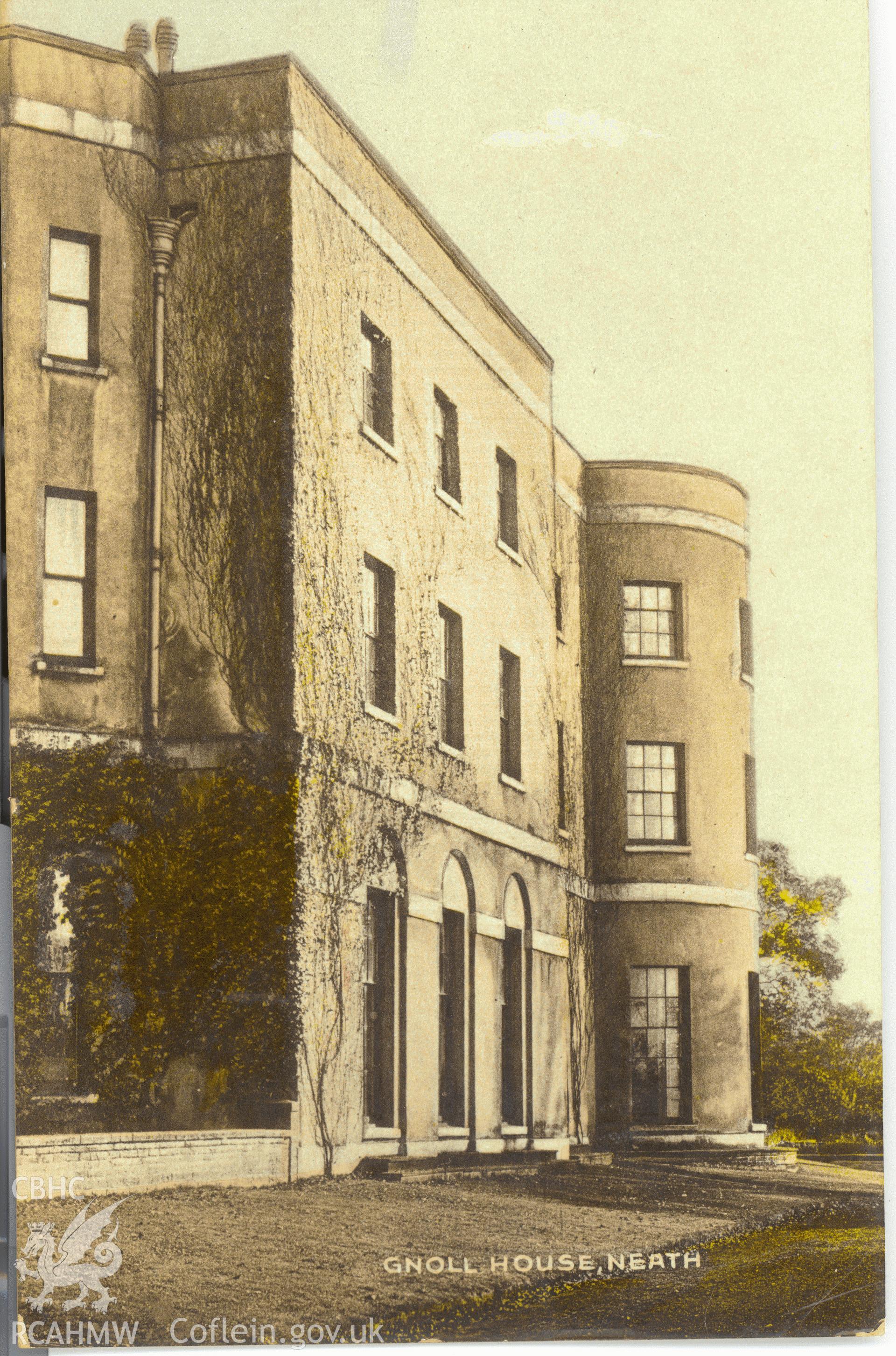 Digitised postcard image of Gnoll House, Neath. Produced by Parks and Gardens Data Services, from an original item in the Peter Davis Collection at Parks and Gardens UK. We hold only web-resolution images of this collection, suitable for viewing on screen and for research purposes only. We do not hold the original images, or publication quality scans.