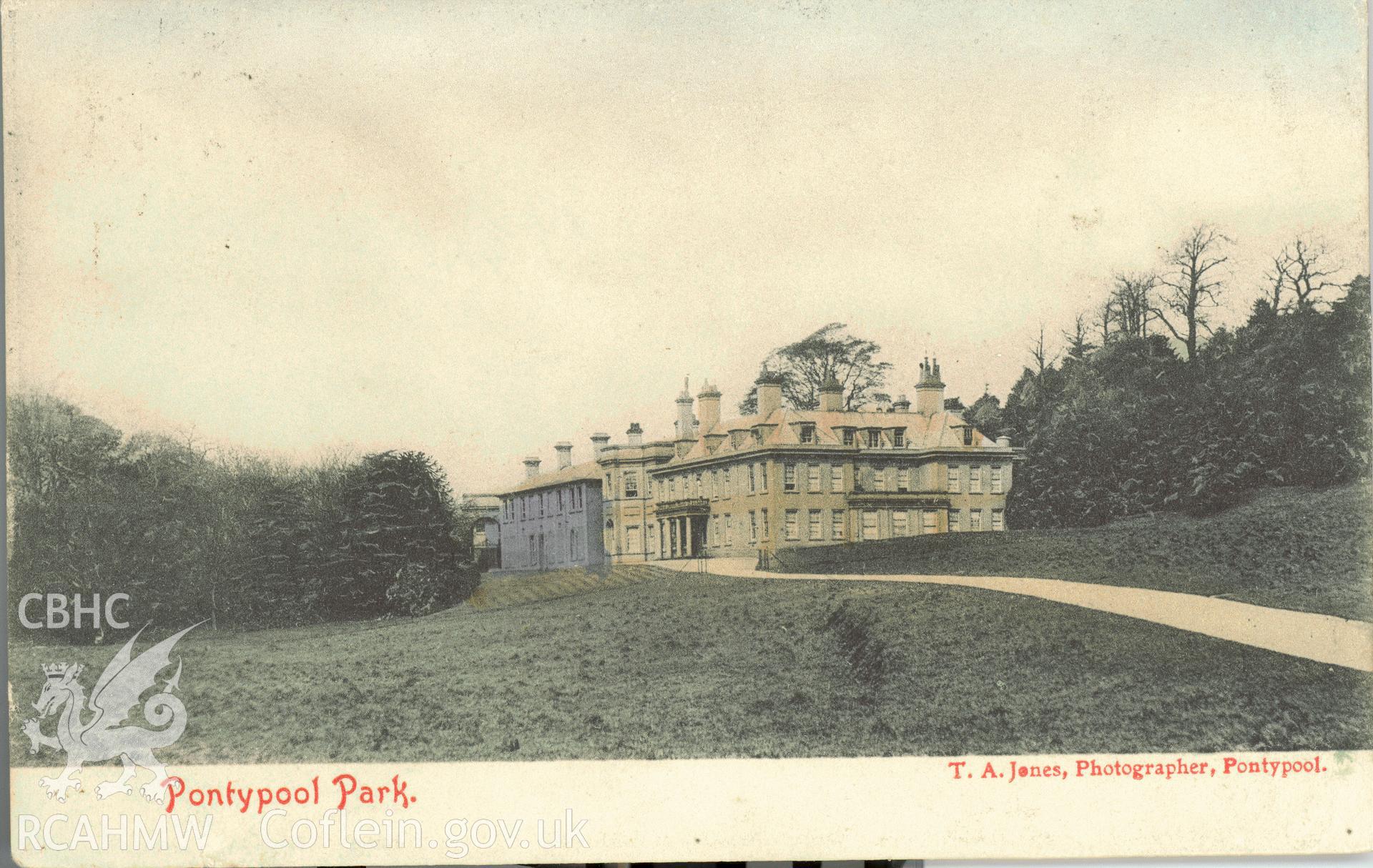 Digitised postcard image of Park House, Pontypool, T.A. Jones, Photographer, Pontypool. Produced by Parks and Gardens Data Services, from an original item in the Peter Davis Collection at Parks and Gardens UK. We hold only web-resolution images of this collection, suitable for viewing on screen and for research purposes only. We do not hold the original images, or publication quality scans.