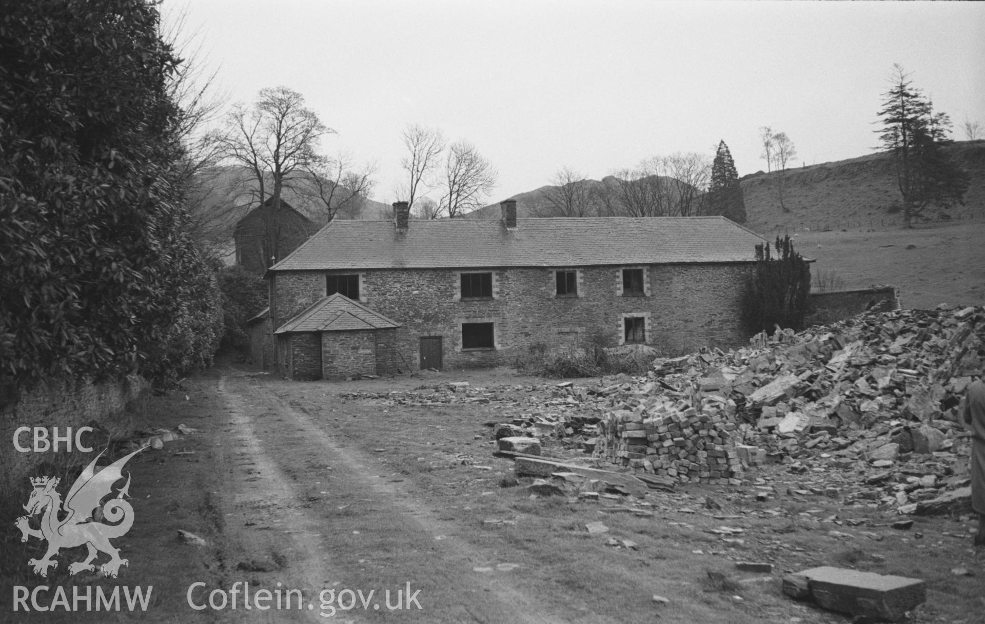 Black and White photograph showing Hafod Uchtryd stable buildings at the back of the mansion. Photographed by Arthur Chater in March 1961 from Grid Reference SN 759 733, looking east north east.