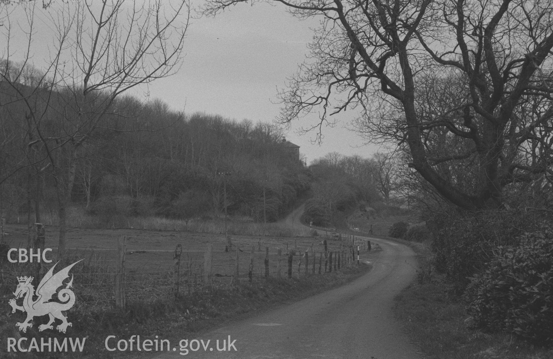 Black and White photograph showing road to Tanybwlch. Photographed by Arthur Chater in April 1962 from Grid Reference SN 583 792, looking north west.