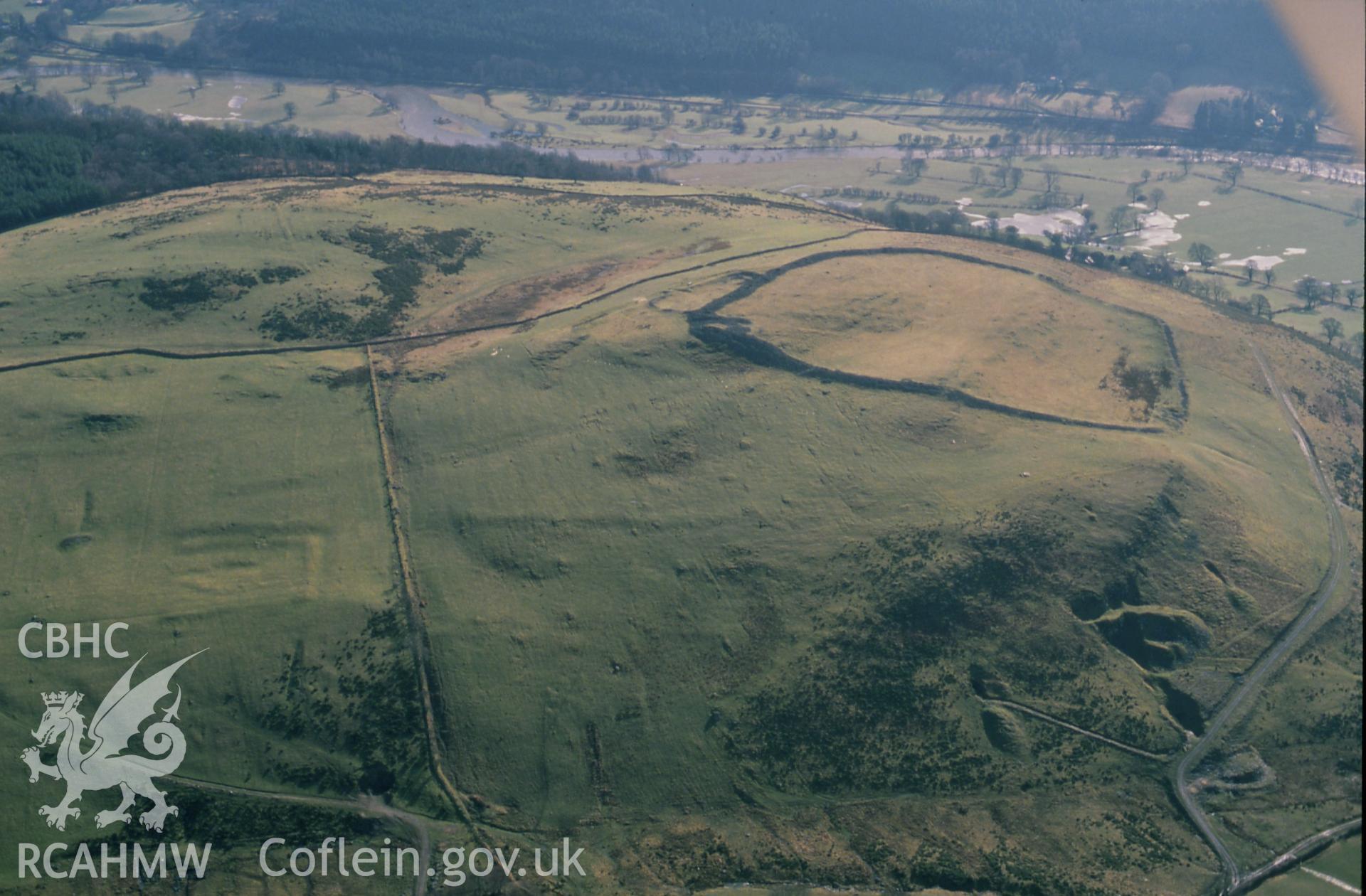 Slide of RCAHMW colour oblique aerial photograph of Caer Drewen Camp, taken by C.R. Musson, 26/2/1991.