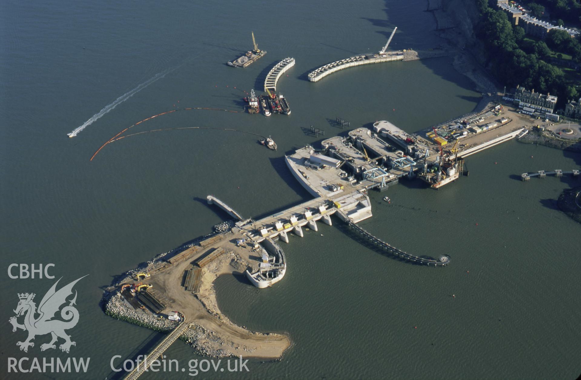 RCAHMW colour slide oblique aerial photograph of Cardiff Bay Barrage, taken on 17/03/1999 by Toby Driver