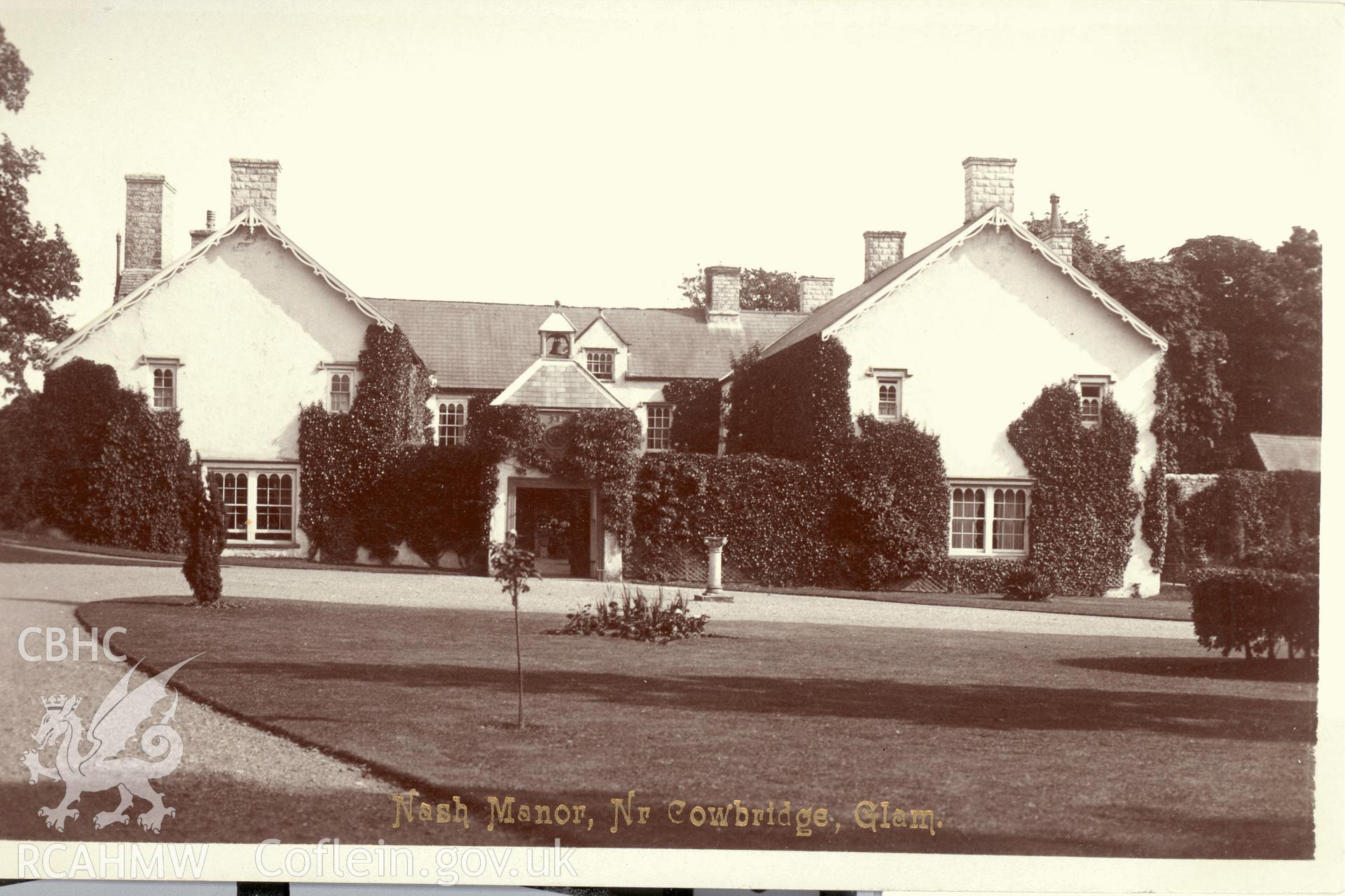 Digitised postcard image of Nash Manor, Llandow. Produced by Parks and Gardens Data Services, from an original item in the Peter Davis Collection at Parks and Gardens UK. We hold only web-resolution images of this collection, suitable for viewing on screen and for research purposes only. We do not hold the original images, or publication quality scans.