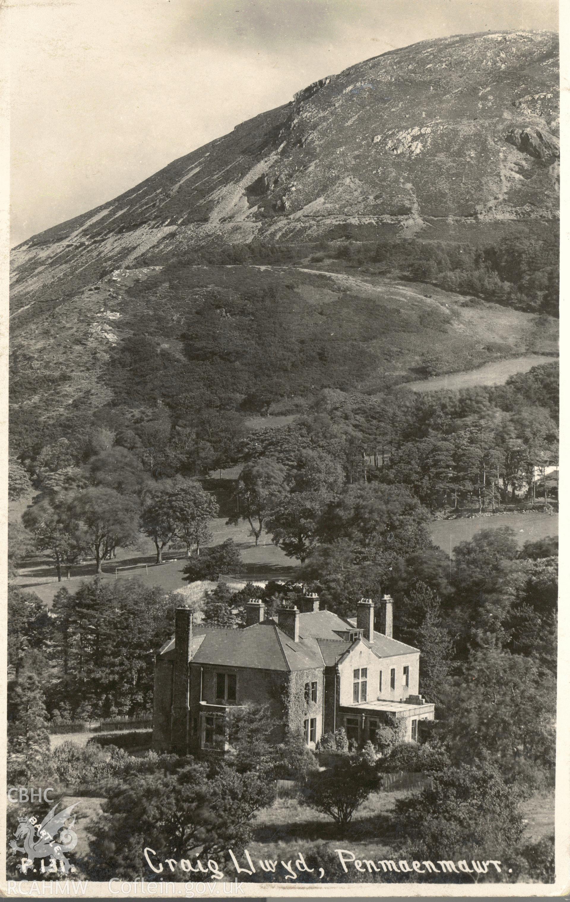 Digitised postcard image of Graiglwyd  Hall, Penmaenmawr, Bartle. Produced by Parks and Gardens Data Services, from an original item in the Peter Davis Collection at Parks and Gardens UK. We hold only web-resolution images of this collection, suitable for viewing on screen and for research purposes only. We do not hold the original images, or publication quality scans.