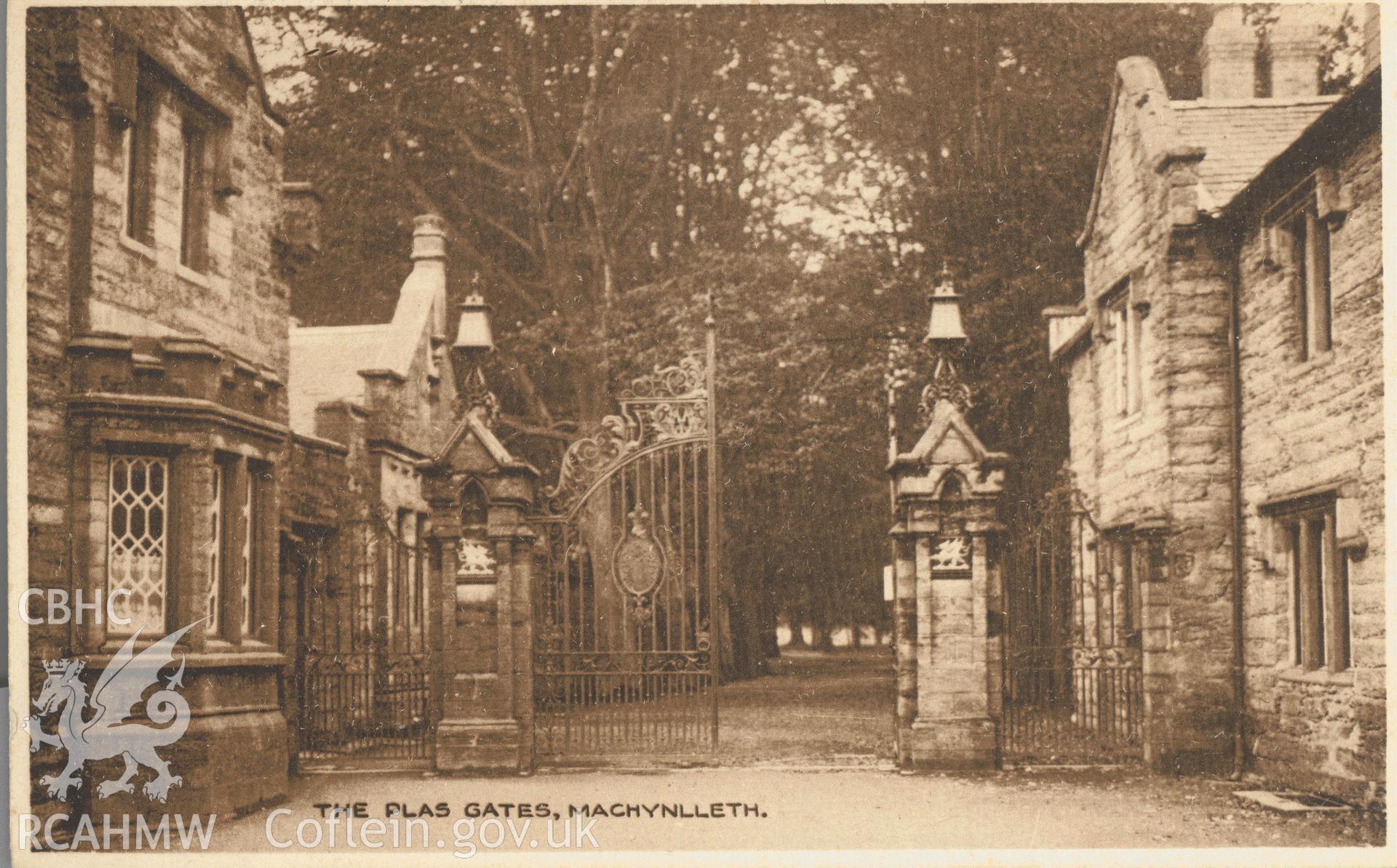 Digitised postcard image of the Plas Gates, Machynlleth. Produced by Parks and Gardens Data Services, from an original item in the Peter Davis Collection at Parks and Gardens UK. We hold only web-resolution images of this collection, suitable for viewing on screen and for research purposes only. We do not hold the original images, or publication quality scans.
