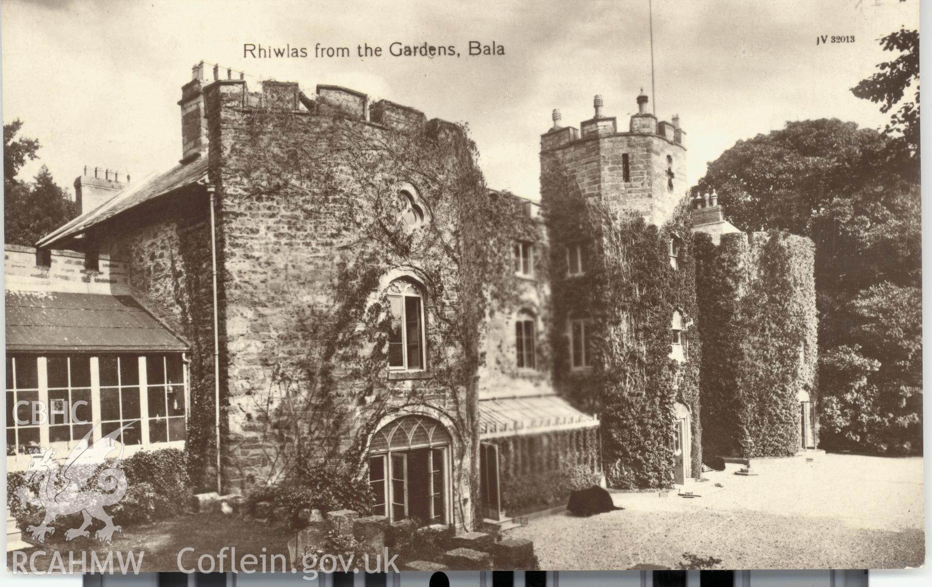 Digitised postcard image of Rhiwlas Hall, Bala, Valentine's Series. Produced by Parks and Gardens Data Services, from an original item in the Peter Davis Collection at Parks and Gardens UK. We hold only web-resolution images of this collection, suitable for viewing on screen and for research purposes only. We do not hold the original images, or publication quality scans.