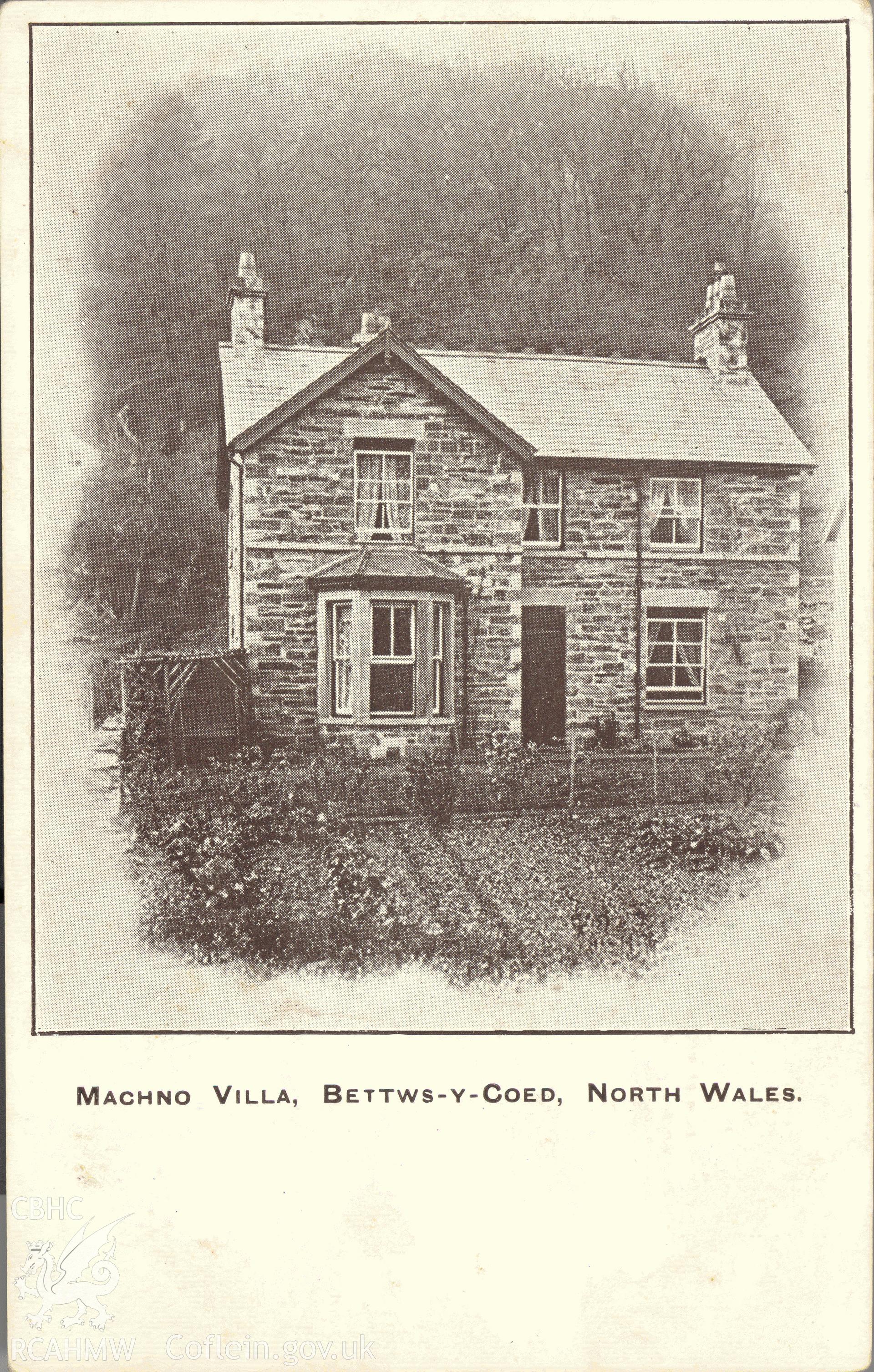 Digitised postcard image of unidentified house (Machno Villa), Betws-y-coed. Produced by Parks and Gardens Data Services, from an original item in the Peter Davis Collection at Parks and Gardens UK. We hold only web-resolution images of this collection, suitable for viewing on screen and for research purposes only. We do not hold the original images, or publication quality scans.