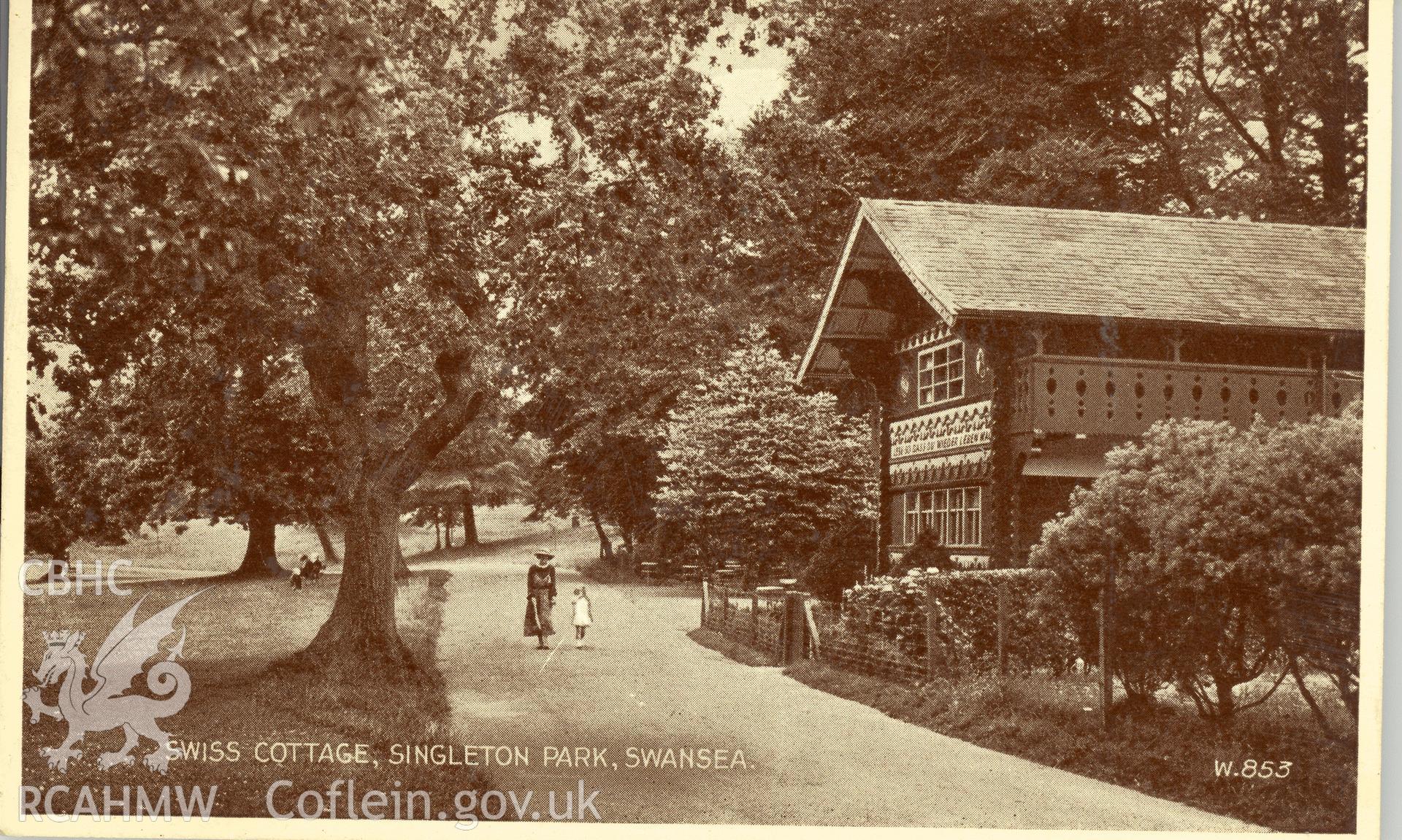 Digitised postcard image of the Swiss cottage, Singleton Park, Swansea, with figures, Valentines "Phototype" Postcard. Produced by Parks and Gardens Data Services, from an original item in the Peter Davis Collection at Parks and Gardens UK. We hold only web-resolution images of this collection, suitable for viewing on screen and for research purposes only. We do not hold the original images, or publication quality scans.