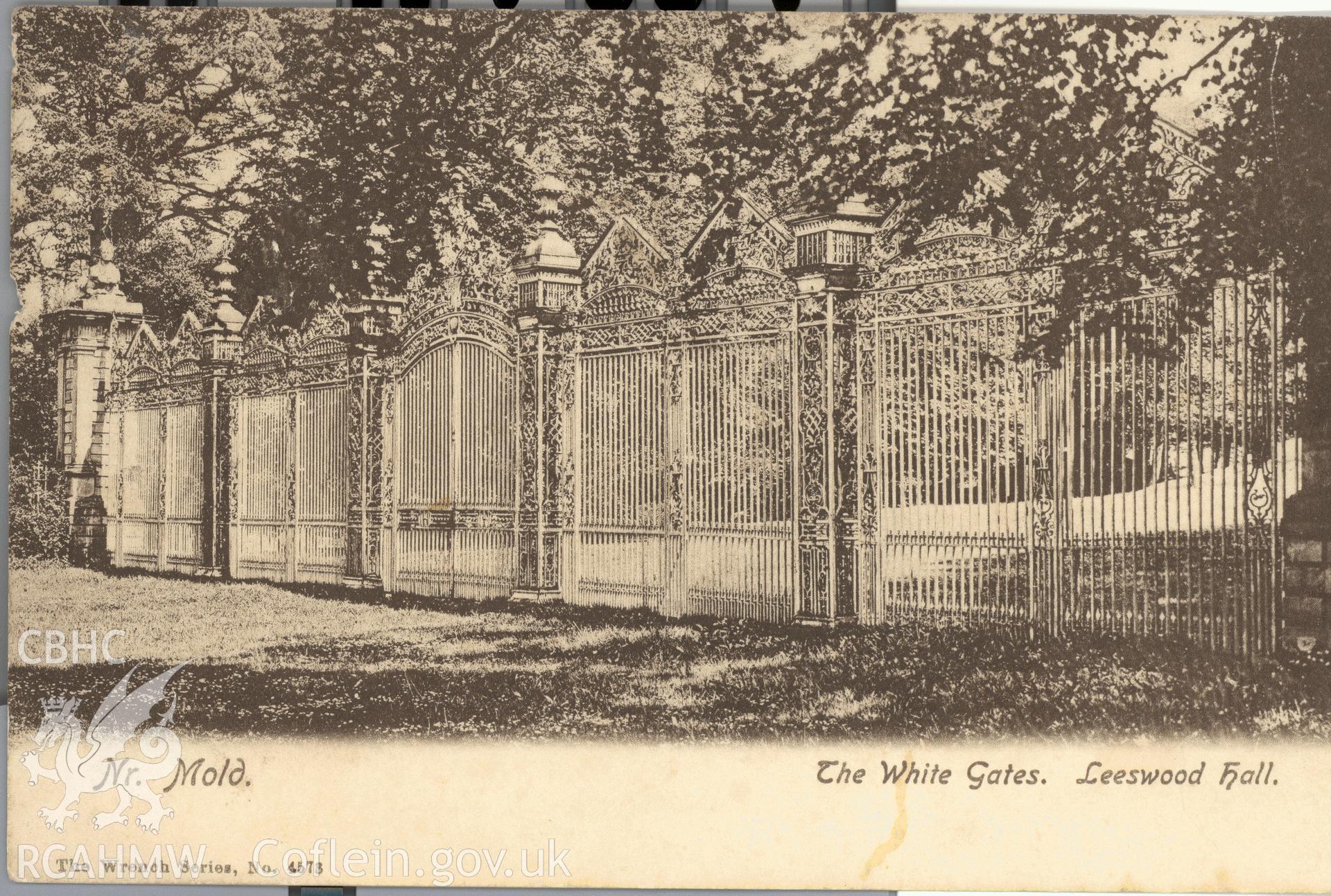 Digitised postcard image of White Gates, Leeswood Hall, The Wrench series. Produced by Parks and Gardens Data Services, from an original item in the Peter Davis Collection at Parks and Gardens UK. We hold only web-resolution images of this collection, suitable for viewing on screen and for research purposes only. We do not hold the original images, or publication quality scans.