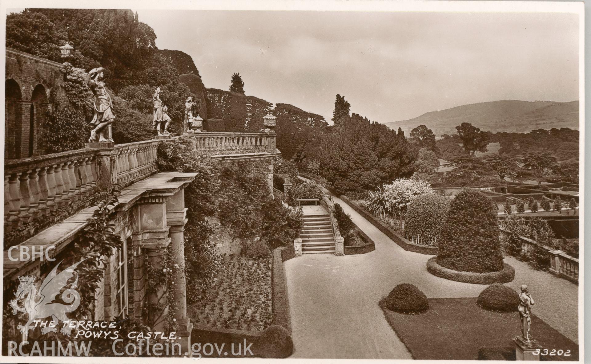 Digitised postcard image of Powis Castle, garden terraces, Watkin, Berriew Street, Welshpool. Produced by Parks and Gardens Data Services, from an original item in the Peter Davis Collection at Parks and Gardens UK. We hold only web-resolution images of this collection, suitable for viewing on screen and for research purposes only. We do not hold the original images, or publication quality scans.