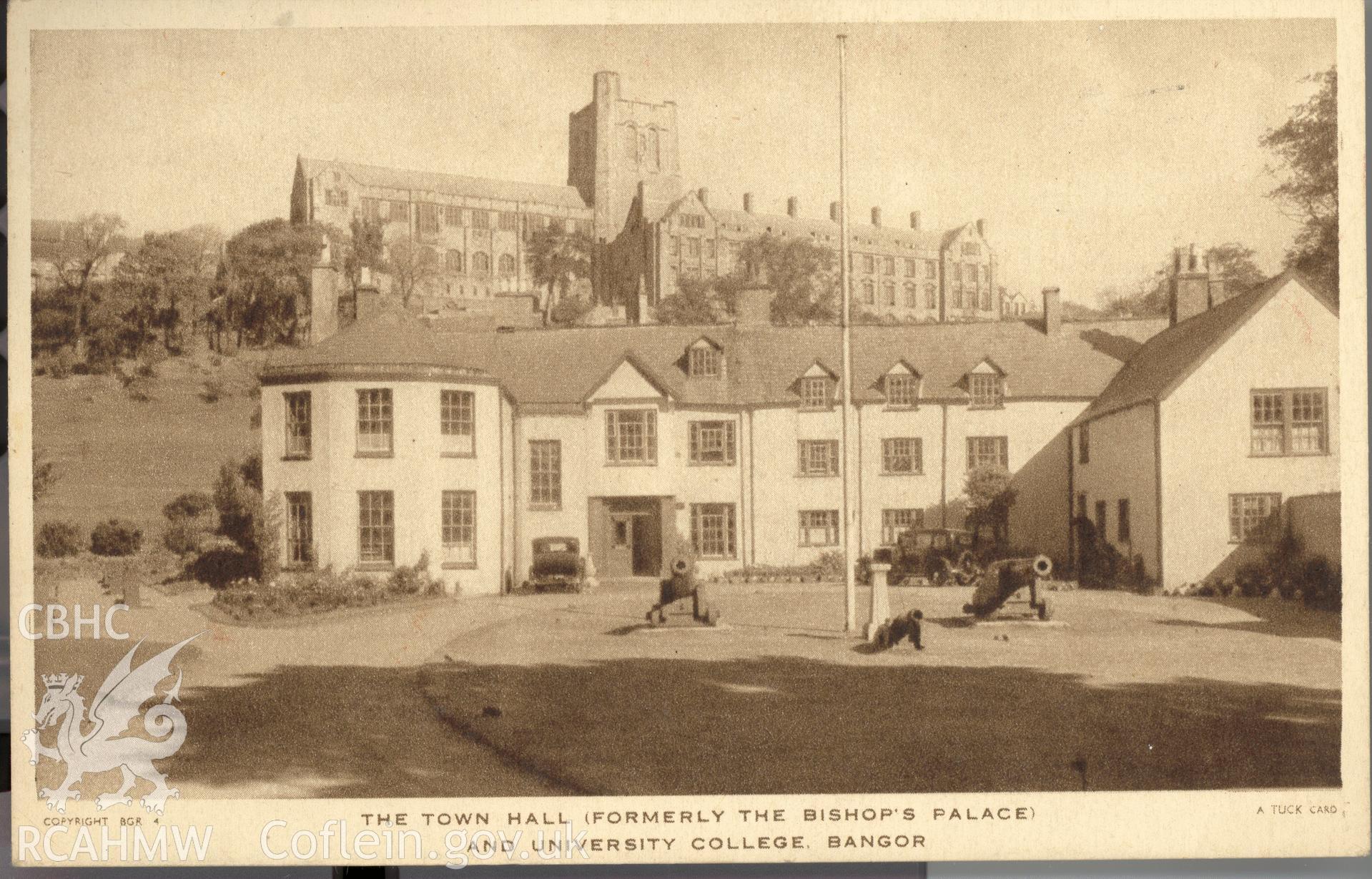 Digitised postcard image of Town Hall (formerly the Bishop's Palace), Bangor, with cars and canon, Raphael Tuck and Sons Ltd. Produced by Parks and Gardens Data Services, from an original item in the Peter Davis Collection at Parks and Gardens UK. We hold only web-resolution images of this collection, suitable for viewing on screen and for research purposes only. We do not hold the original images, or publication quality scans.