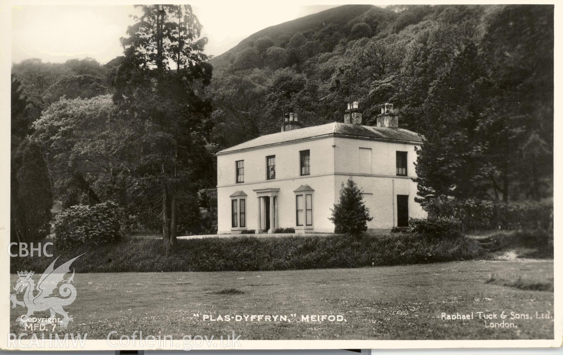 Digitised postcard image of Plas Dyffryn, Meifod, Raphael Tuck and Sons Ltd. Produced by Parks and Gardens Data Services, from an original item in the Peter Davis Collection at Parks and Gardens UK. We hold only web-resolution images of this collection, suitable for viewing on screen and for research purposes only. We do not hold the original images, or publication quality scans.