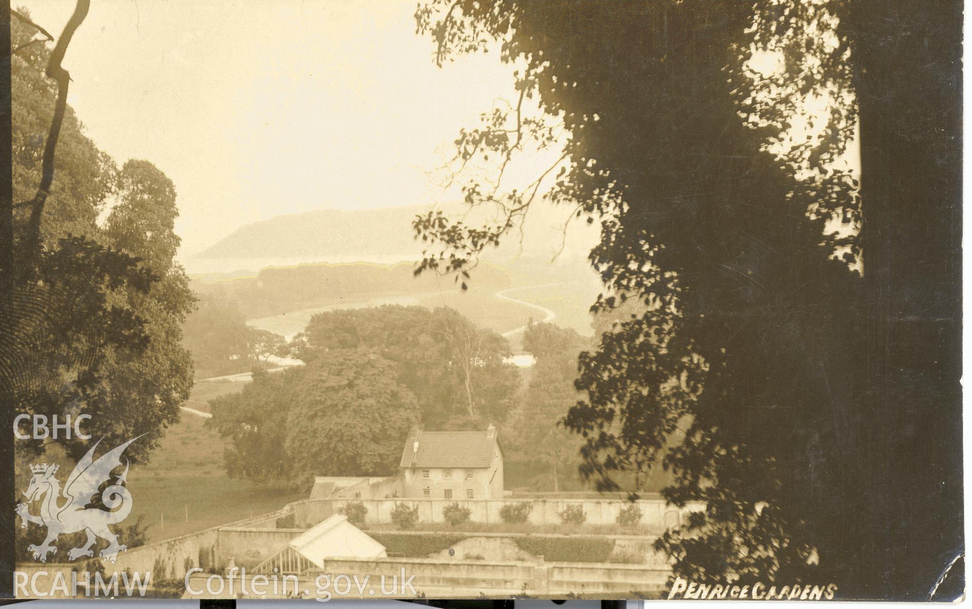 Digitised postcard image of walled gardens with glasshouse and gardener's house in Penrice Castle grounds. Produced by Parks and Gardens Data Services, from an original item in the Peter Davis Collection at Parks and Gardens UK. We hold only web-resolution images of this collection, suitable for viewing on screen and for research purposes only. We do not hold the original images, or publication quality scans.