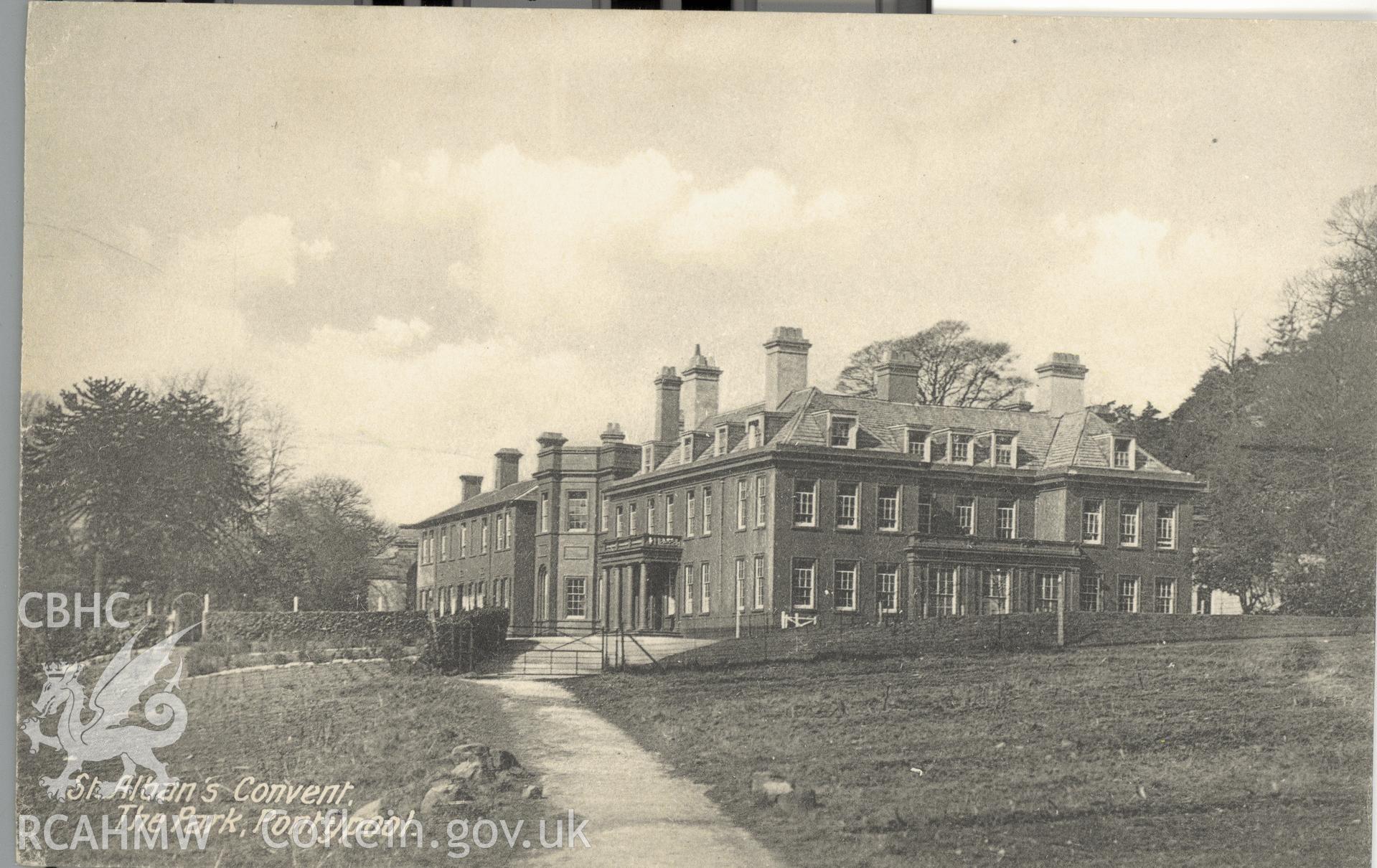 Digitised postcard image of Park House, Pontypool, when St Alban's Convent. Produced by Parks and Gardens Data Services, from an original item in the Peter Davis Collection at Parks and Gardens UK. We hold only web-resolution images of this collection, suitable for viewing on screen and for research purposes only. We do not hold the original images, or publication quality scans.