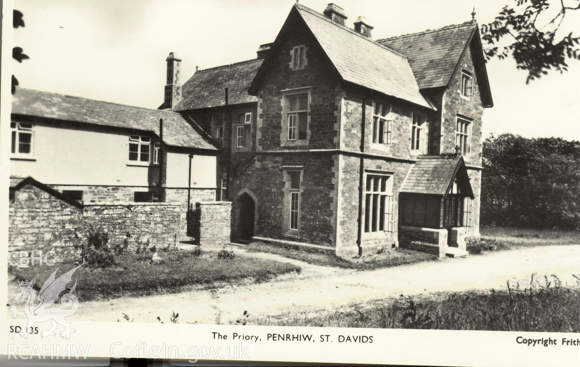 Digitised postcard image of The Priory, Penrhiw, St David's, Friths Series. Produced by Parks and Gardens Data Services, from an original item in the Peter Davis Collection at Parks and Gardens UK. We hold only web-resolution images of this collection, suitable for viewing on screen and for research purposes only. We do not hold the original images, or publication quality scans.