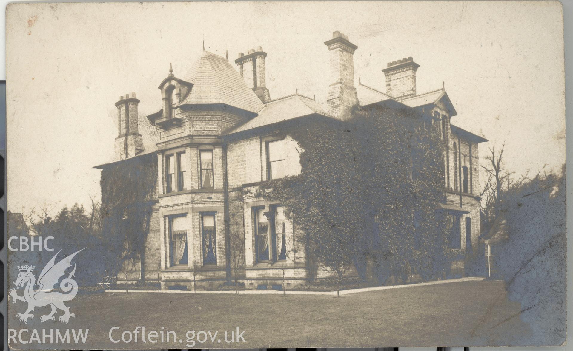 Digitised postcard image of Bodychain House, Tanygrisiau. Produced by Parks and Gardens Data Services, from an original item in the Peter Davis Collection at Parks and Gardens UK. We hold only web-resolution images of this collection, suitable for viewing on screen and for research purposes only. We do not hold the original images, or publication quality scans.