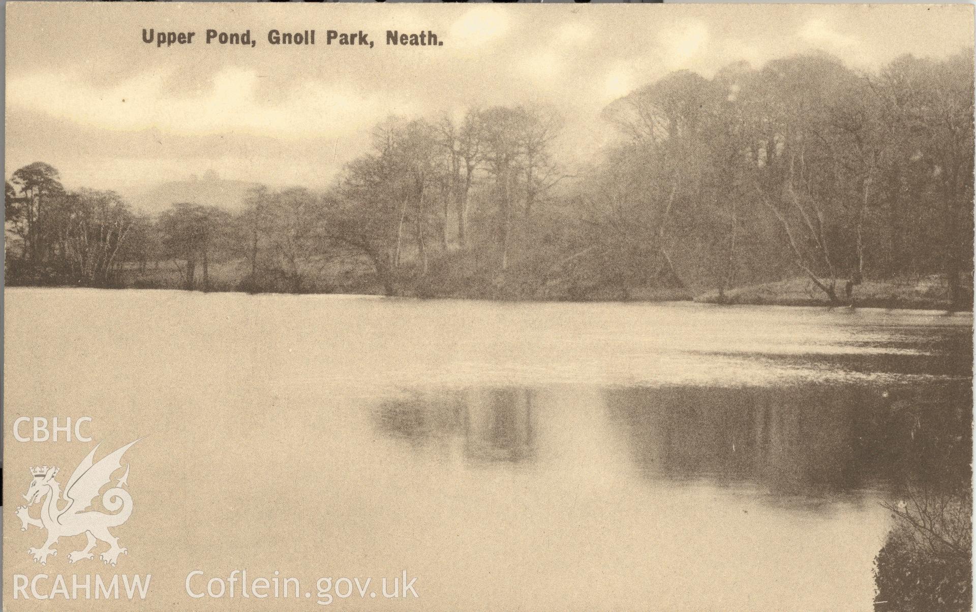 Digitised postcard image of Gnoll House garden, Neath, showing upper pond. Produced by Parks and Gardens Data Services, from an original item in the Peter Davis Collection at Parks and Gardens UK. We hold only web-resolution images of this collection, suitable for viewing on screen and for research purposes only. We do not hold the original images, or publication quality scans.