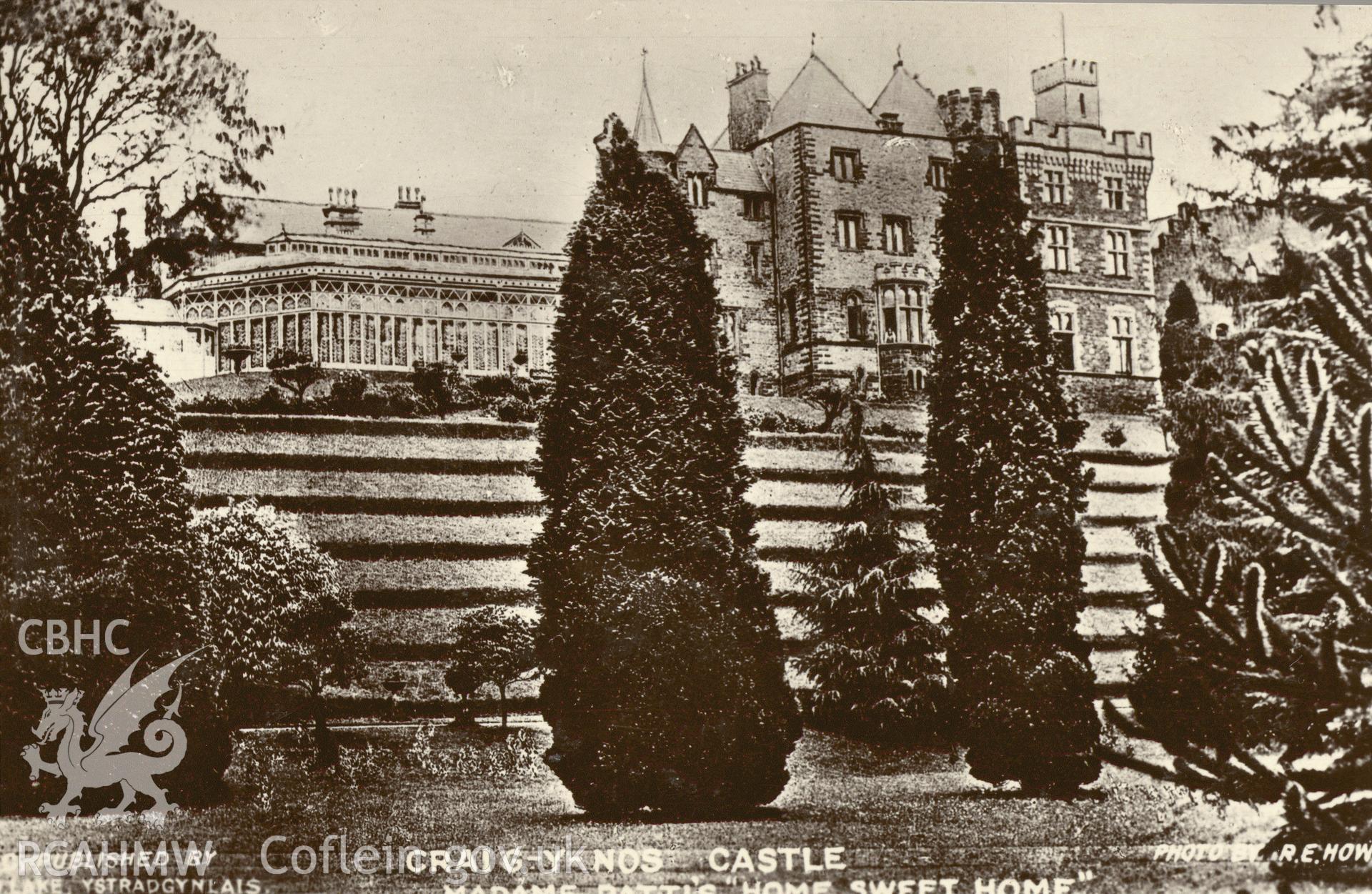 Digitised postcard image of Craig y Nos Castle, Glyntawe, R.E. Howells. Published by C.D. Lake Ystradgynlais. Produced by Parks and Gardens Data Services, from an original item in the Peter Davis Collection at Parks and Gardens UK. We hold only web-resolution images of this collection, suitable for viewing on screen and for research purposes only. We do not hold the original images, or publication quality scans.