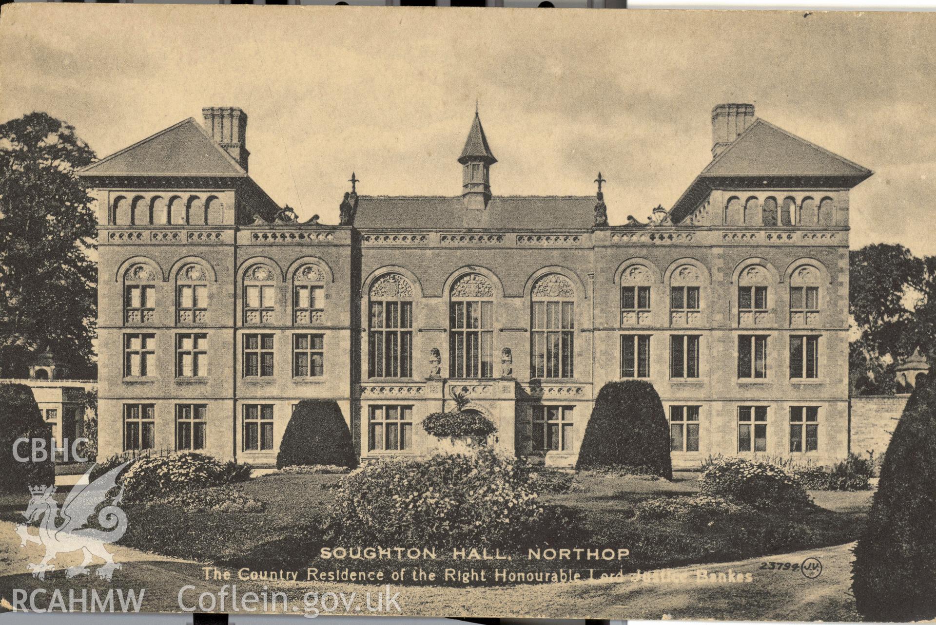 Digitised postcard image of Soughton Hall, Northop, Valentine's Series. Produced by Parks and Gardens Data Services, from an original item in the Peter Davis Collection at Parks and Gardens UK. We hold only web-resolution images of this collection, suitable for viewing on screen and for research purposes only. We do not hold the original images, or publication quality scans.