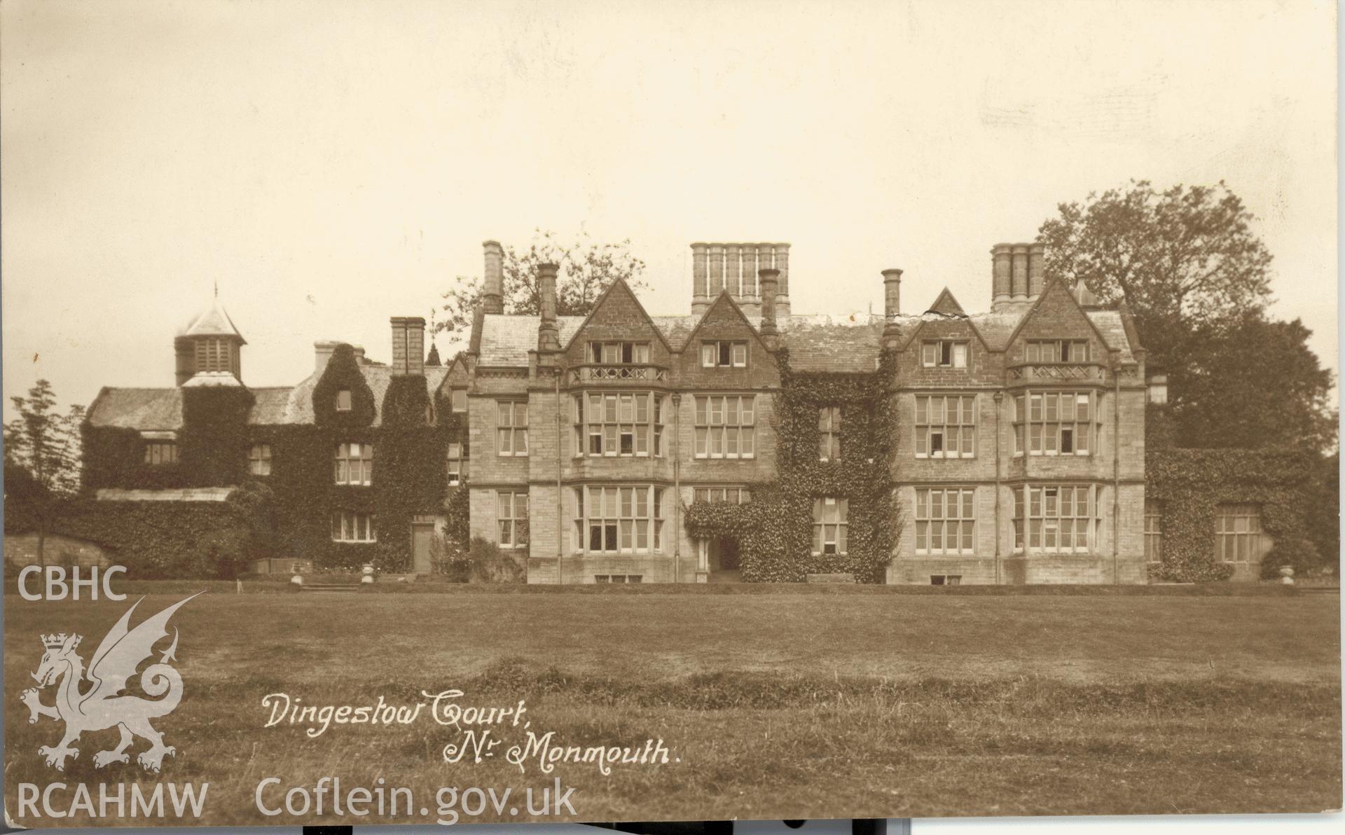 Digitised postcard image of Dingestow Court, Mitchel Troy. Produced by Parks and Gardens Data Services, from an original item in the Peter Davis Collection at Parks and Gardens UK. We hold only web-resolution images of this collection, suitable for viewing on screen and for research purposes only. We do not hold the original images, or publication quality scans.