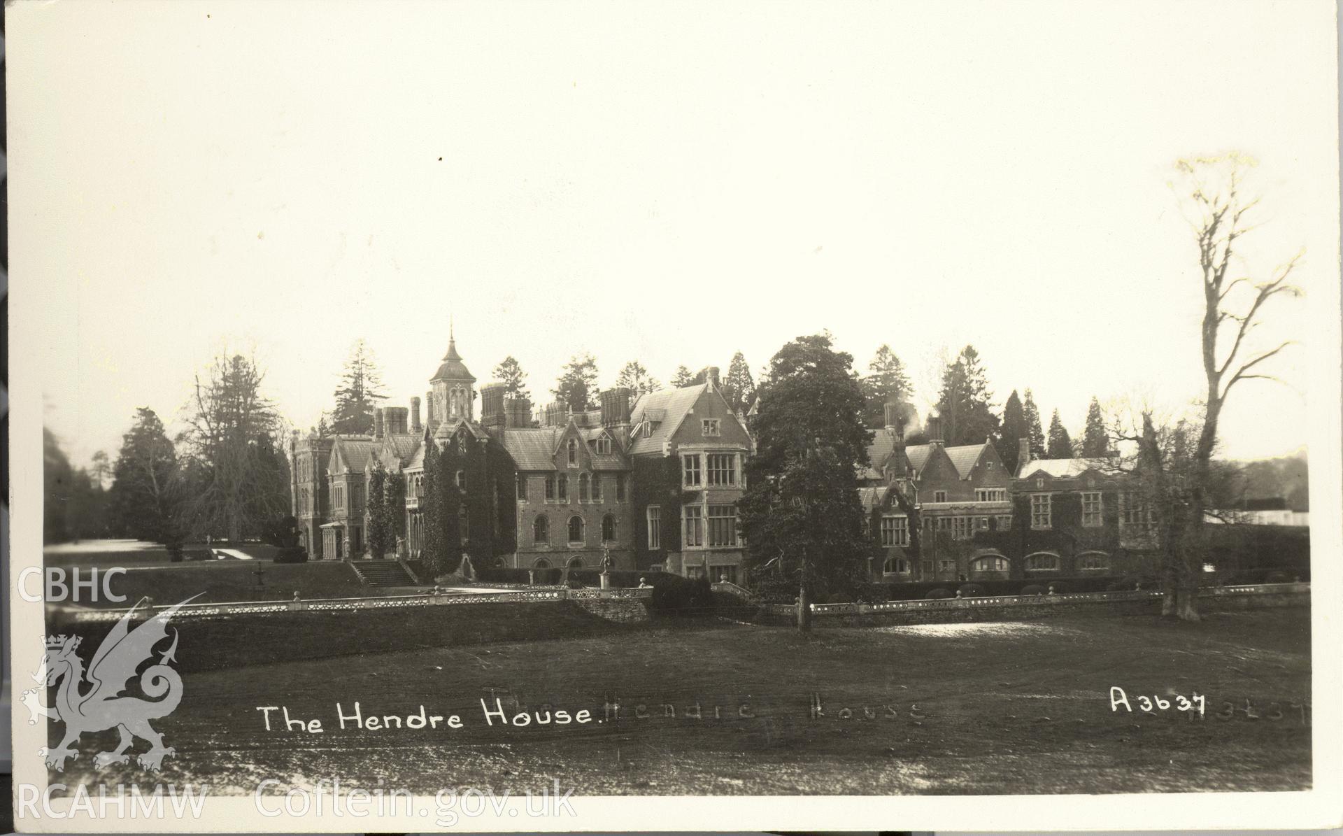 Digitised postcard image of the Hendre, Llangattock-vibon-avel. Produced by Parks and Gardens Data Services, from an original item in the Peter Davis Collection at Parks and Gardens UK. We hold only web-resolution images of this collection, suitable for viewing on screen and for research purposes only. We do not hold the original images, or publication quality scans.