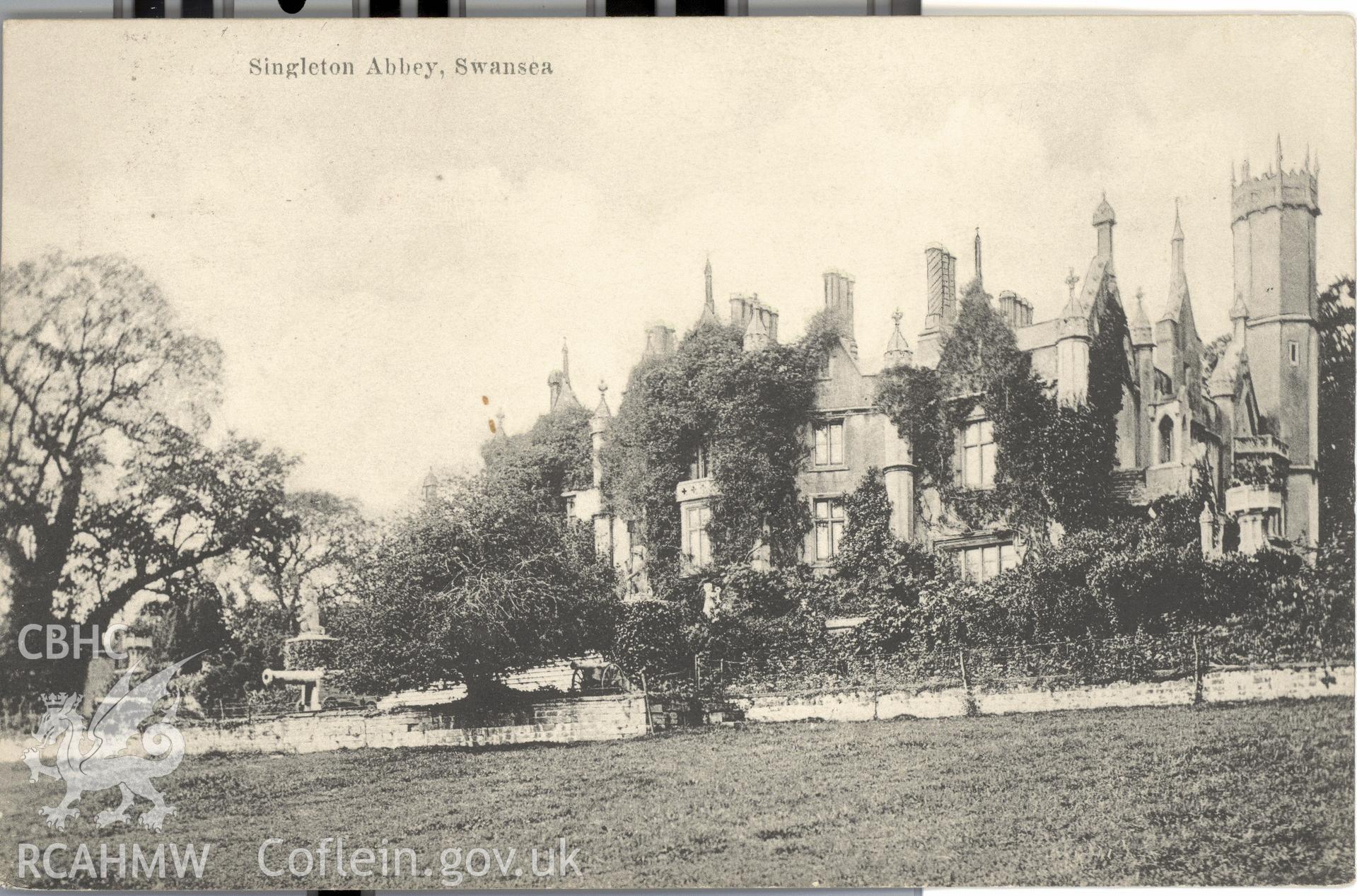 Digitised postcard image of Singleton Abbey, Swansea, Boots cash Chemists "Pelham" Series. Produced by Parks and Gardens Data Services, from an original item in the Peter Davis Collection at Parks and Gardens UK. We hold only web-resolution images of this collection, suitable for viewing on screen and for research purposes only. We do not hold the original images, or publication quality scans.