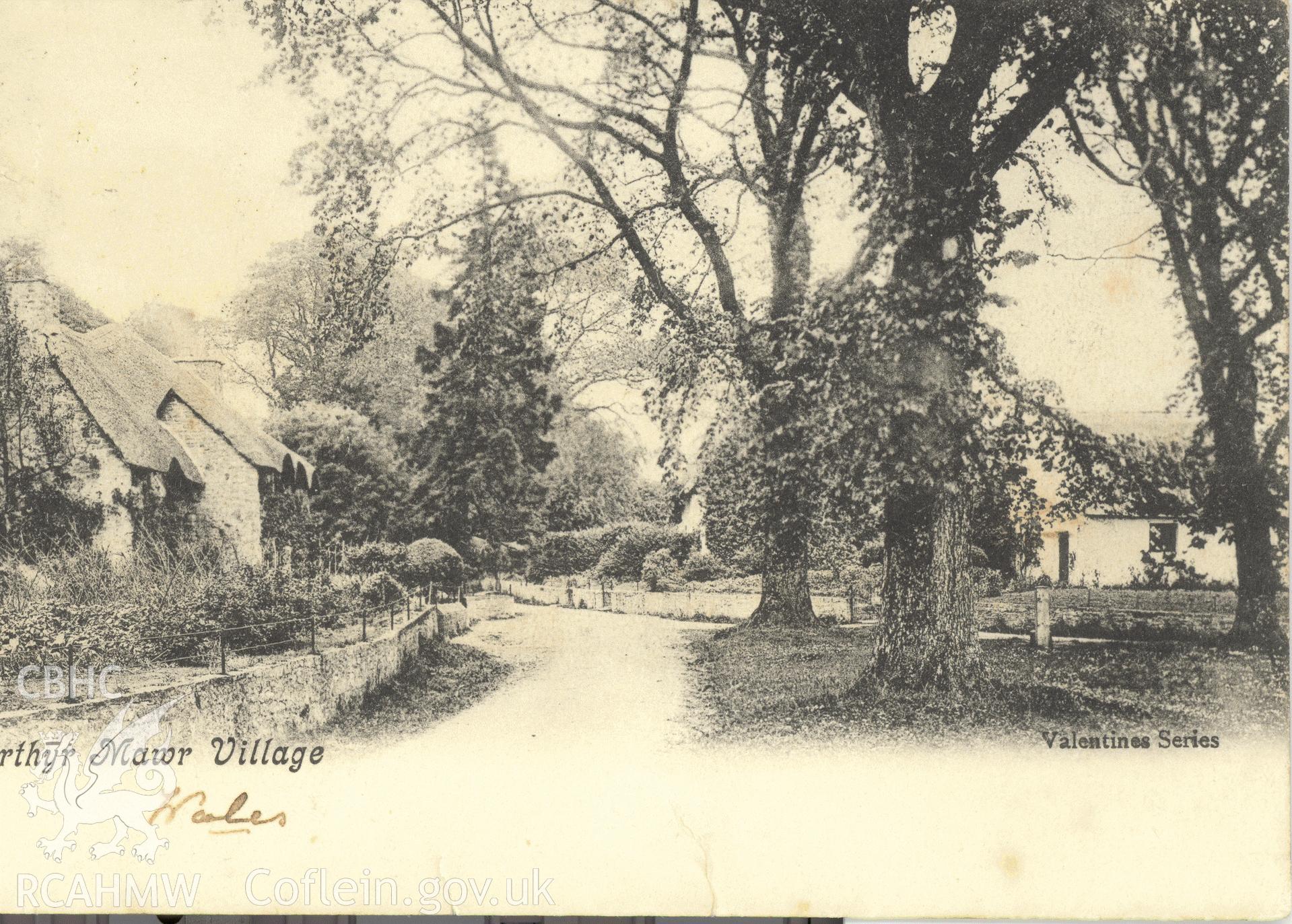 Digitised postcard image of Church Cottage, Merthyr Mawr, Valentines Series. Produced by Parks and Gardens Data Services, from an original item in the Peter Davis Collection at Parks and Gardens UK. We hold only web-resolution images of this collection, suitable for viewing on screen and for research purposes only. We do not hold the original images, or publication quality scans.