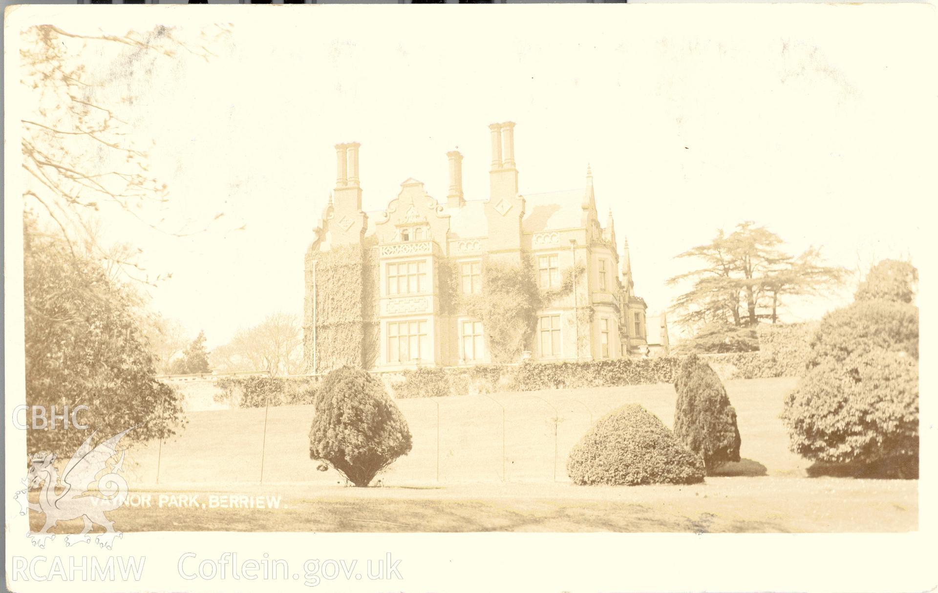 Digitised postcard image of Vaynor Park, Berriew. Produced by Parks and Gardens Data Services, from an original item in the Peter Davis Collection at Parks and Gardens UK. We hold only web-resolution images of this collection, suitable for viewing on screen and for research purposes only. We do not hold the original images, or publication quality scans.