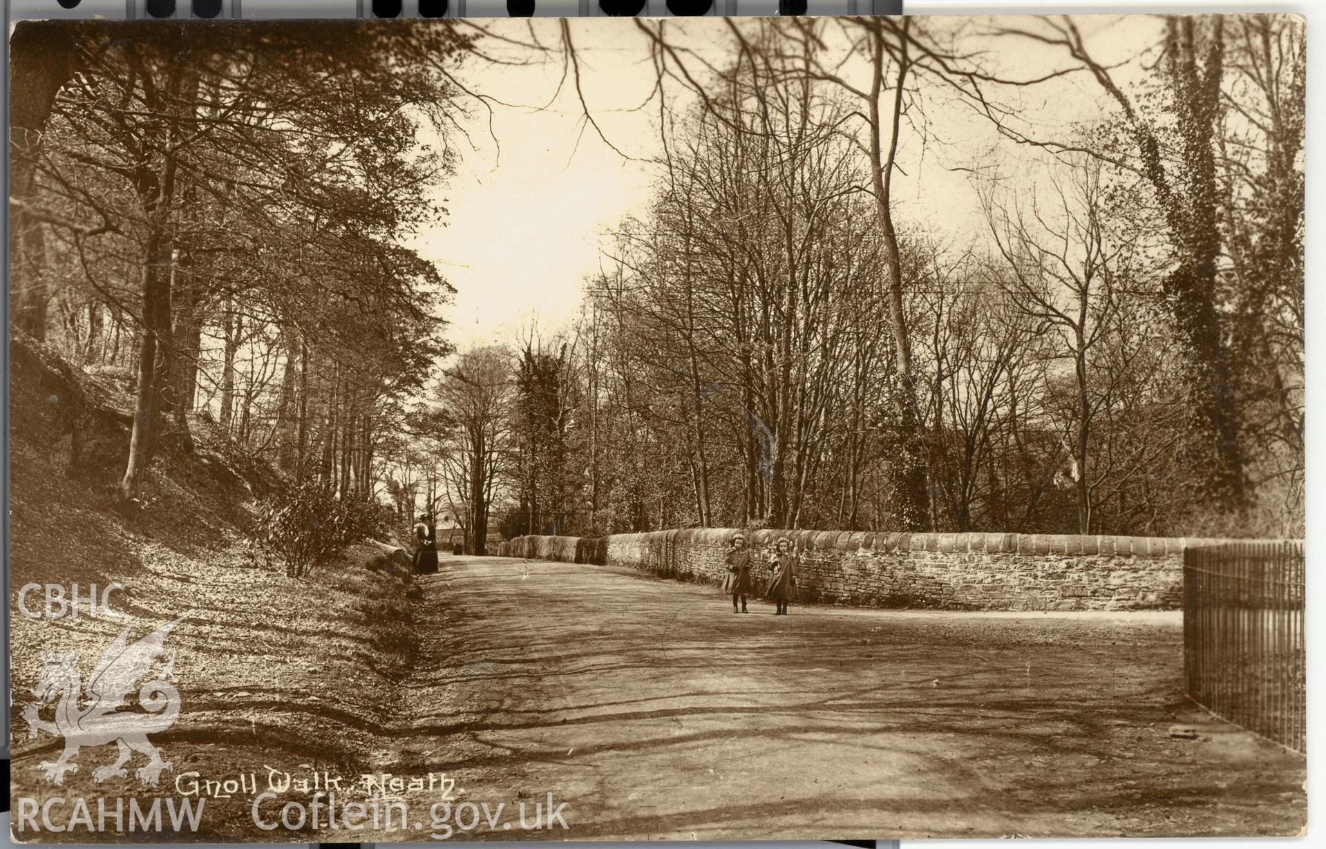 Digitised postcard image of Gnoll House garden, Neath, showing Gnoll walk, H.B. & S. Ltd. Bristol. Produced by Parks and Gardens Data Services, from an original item in the Peter Davis Collection at Parks and Gardens UK. We hold only web-resolution images of this collection, suitable for viewing on screen and for research purposes only. We do not hold the original images, or publication quality scans.