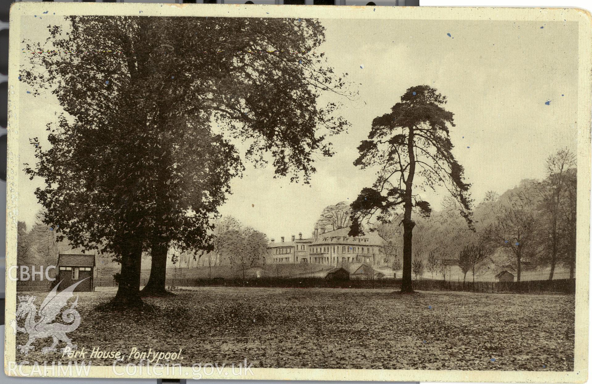 Digitised postcard image of Park House, Pontypool. Produced by Parks and Gardens Data Services, from an original item in the Peter Davis Collection at Parks and Gardens UK. We hold only web-resolution images of this collection, suitable for viewing on screen and for research purposes only. We do not hold the original images, or publication quality scans.