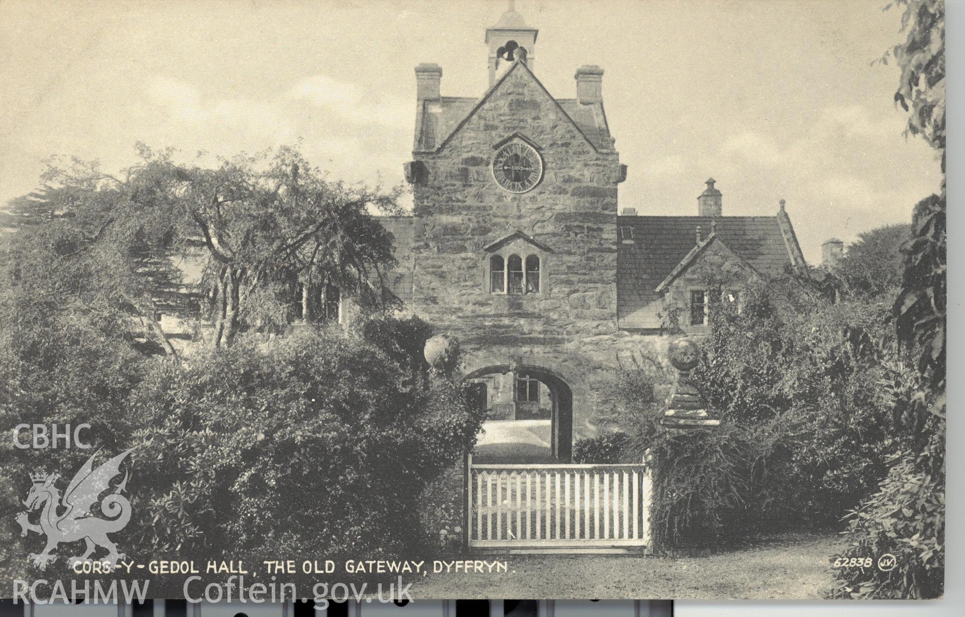 Digitised postcard image of Cors-y-Gedol gatehouse, Valentine & Sons Ltd. Produced by Parks and Gardens Data Services, from an original item in the Peter Davis Collection at Parks and Gardens UK. We hold only web-resolution images of this collection, suitable for viewing on screen and for research purposes only. We do not hold the original images, or publication quality scans.