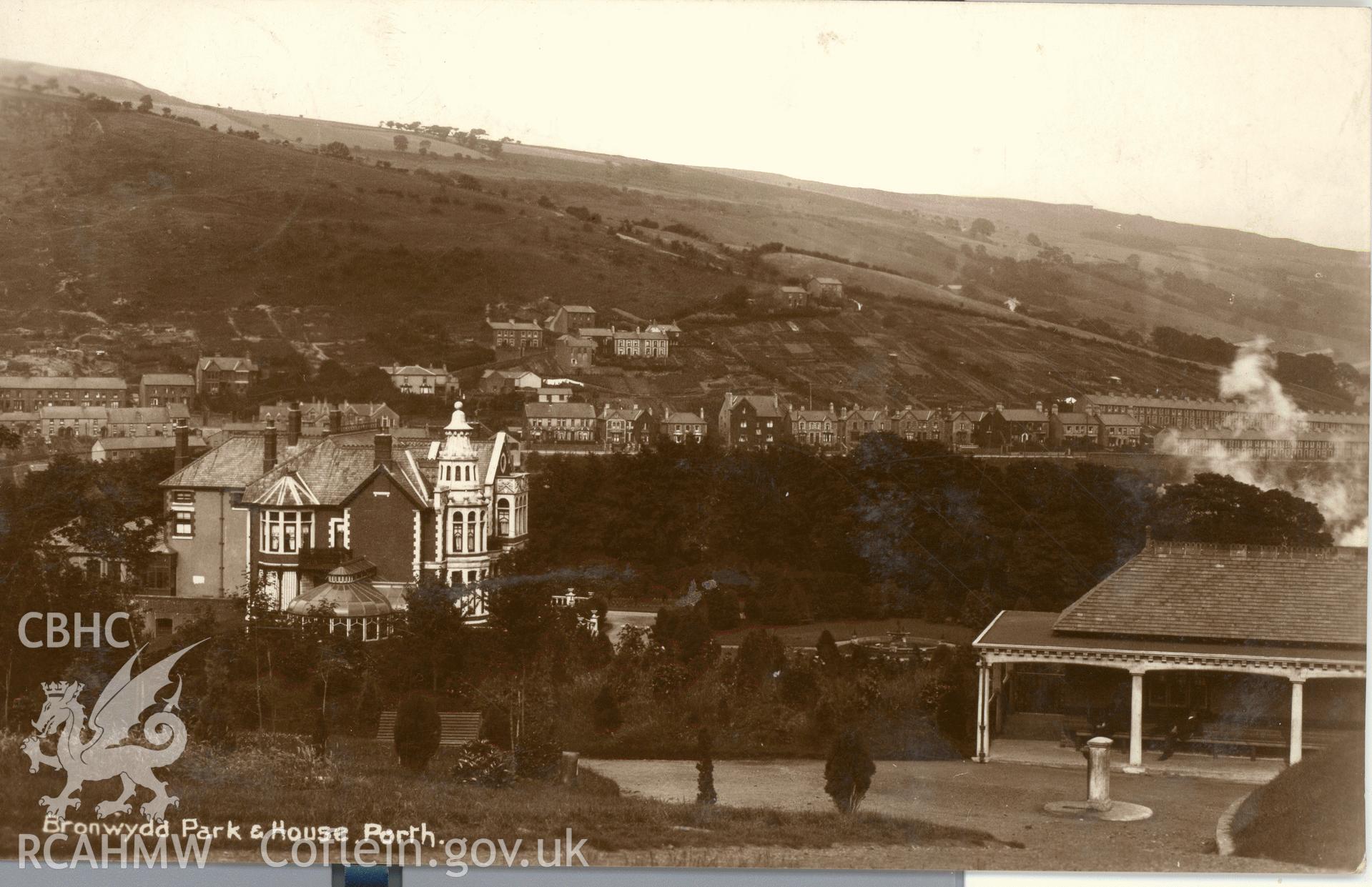 Digitised postcard image of Bronwydd House, Porth, showing house and surrounds. Produced by Parks and Gardens Data Services, from an original item in the Peter Davis Collection at Parks and Gardens UK. We hold only web-resolution images of this collection, suitable for viewing on screen and for research purposes only. We do not hold the original images, or publication quality scans.