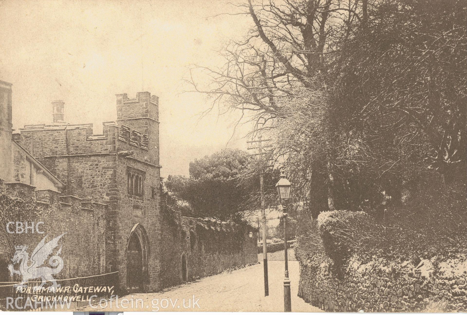 Digitised postcard image of Porthmawr gatehouse, Crickhowell, R.H. Stevens. Produced by Parks and Gardens Data Services, from an original item in the Peter Davis Collection at Parks and Gardens UK. We hold only web-resolution images of this collection, suitable for viewing on screen and for research purposes only. We do not hold the original images, or publication quality scans.