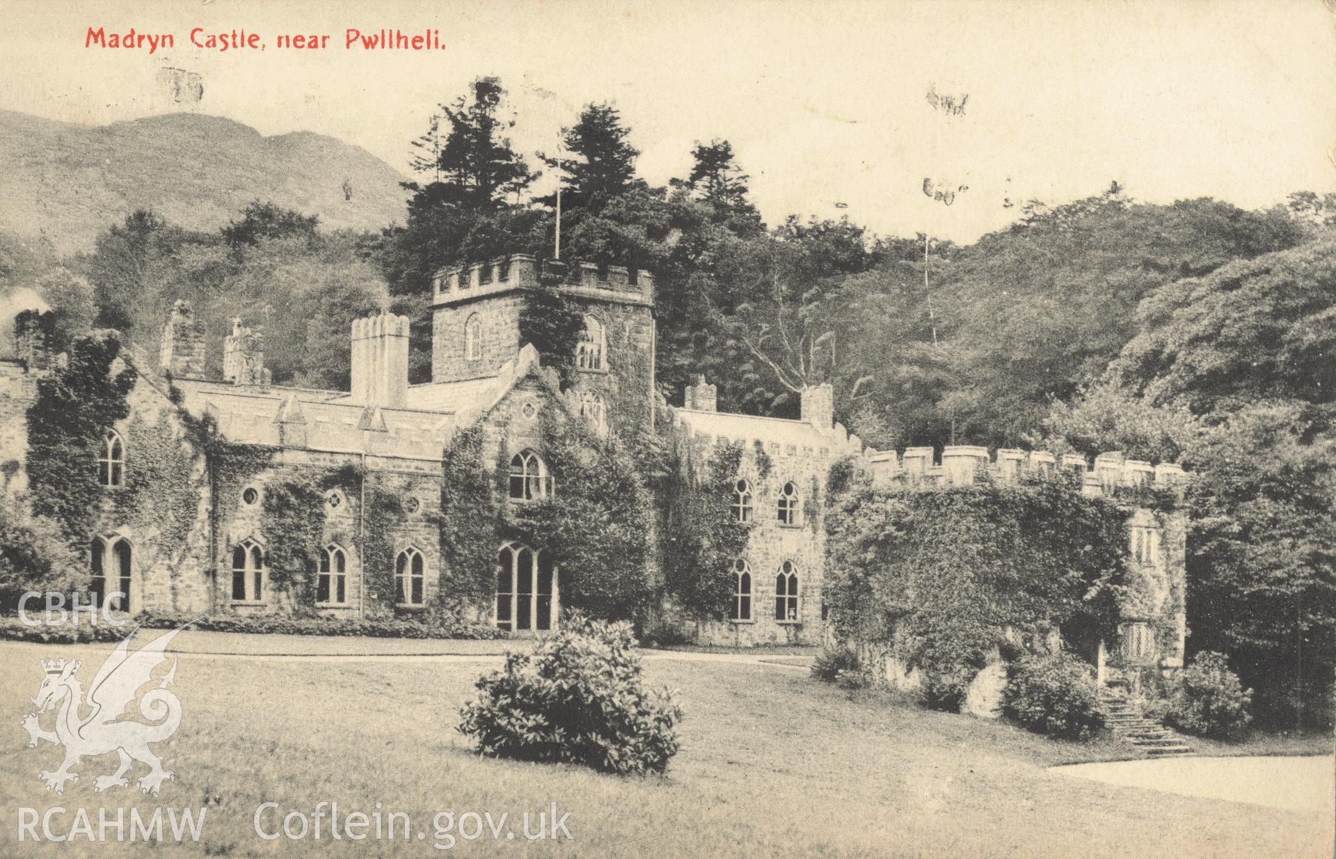 Digitised postcard image of Madryn Castle, Buan, Beacon Series T.B. & Co., L. Produced by Parks and Gardens Data Services, from an original item in the Peter Davis Collection at Parks and Gardens UK. We hold only web-resolution images of this collection, suitable for viewing on screen and for research purposes only. We do not hold the original images, or publication quality scans.