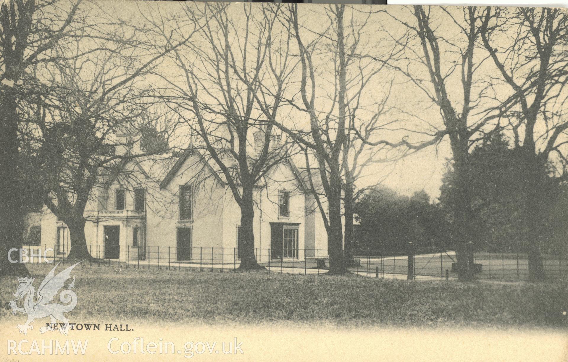 Digitised postcard image of Newtown Hall, Park and Son, Newtown. Produced by Parks and Gardens Data Services, from an original item in the Peter Davis Collection at Parks and Gardens UK. We hold only web-resolution images of this collection, suitable for viewing on screen and for research purposes only. We do not hold the original images, or publication quality scans.