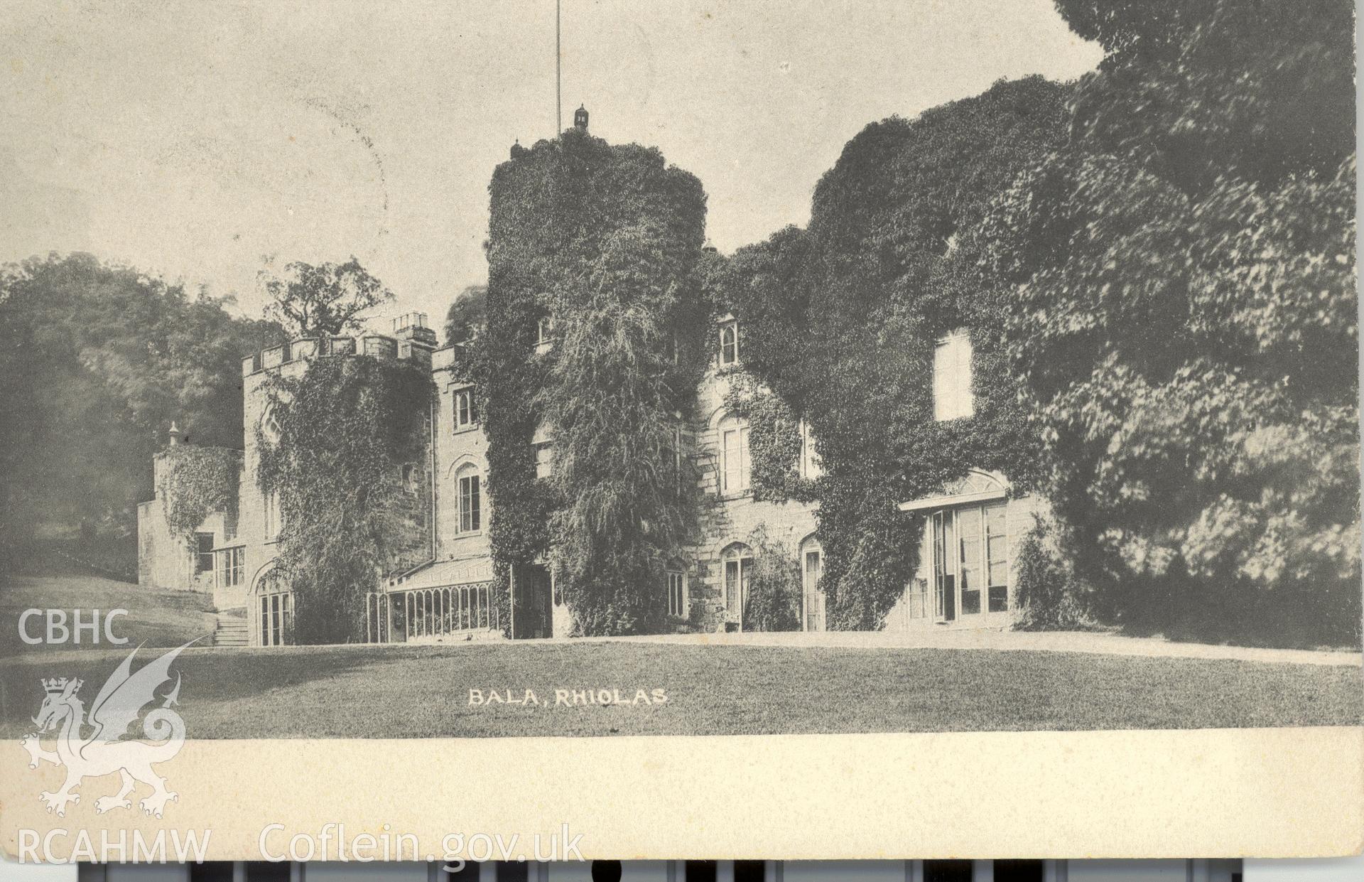 Digitised postcard image of Rhiwlas Hall, Bala, Frith's Series. Produced by Parks and Gardens Data Services, from an original item in the Peter Davis Collection at Parks and Gardens UK. We hold only web-resolution images of this collection, suitable for viewing on screen and for research purposes only. We do not hold the original images, or publication quality scans.