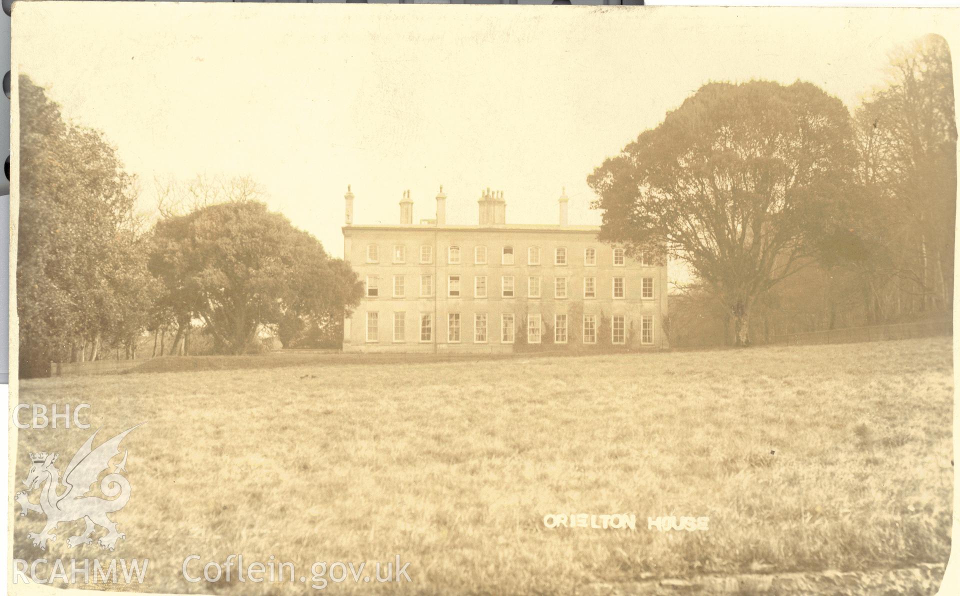 Digitised postcard image of Orielton House, Hundleton. Produced by Parks and Gardens Data Services, from an original item in the Peter Davis Collection at Parks and Gardens UK. We hold only web-resolution images of this collection, suitable for viewing on screen and for research purposes only. We do not hold the original images, or publication quality scans.