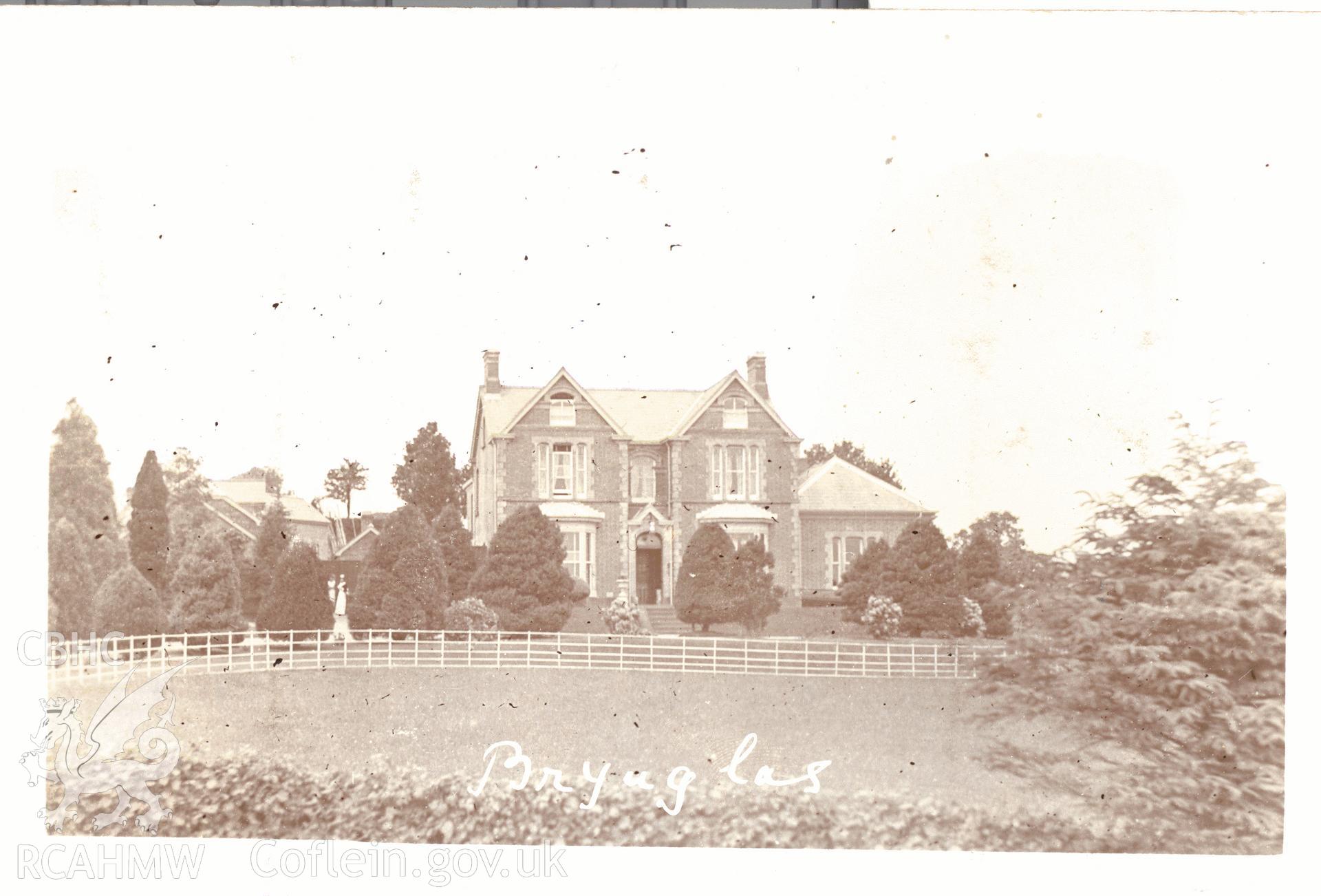 Digitised postcard image of Bryn-glas, Nantgaredig. Produced by Parks and Gardens Data Services, from an original item in the Peter Davis Collection at Parks and Gardens UK. We hold only web-resolution images of this collection, suitable for viewing on screen and for research purposes only. We do not hold the original images, or publication quality scans.