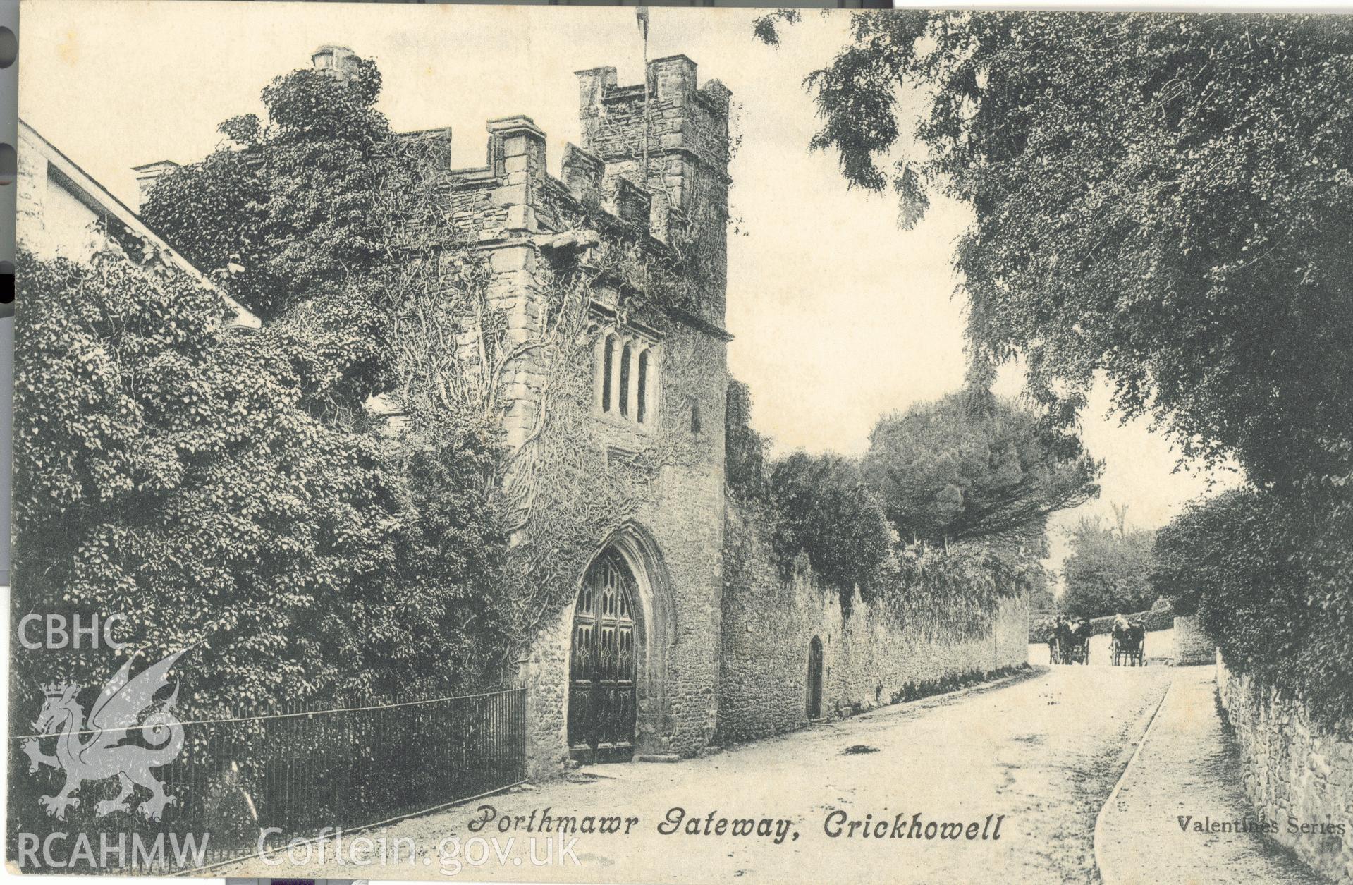 Digitised postcard image of Porthmawr gatehouse, Crickhowell, Valentine's Series. Produced by Parks and Gardens Data Services, from an original item in the Peter Davis Collection at Parks and Gardens UK. We hold only web-resolution images of this collection, suitable for viewing on screen and for research purposes only. We do not hold the original images, or publication quality scans.