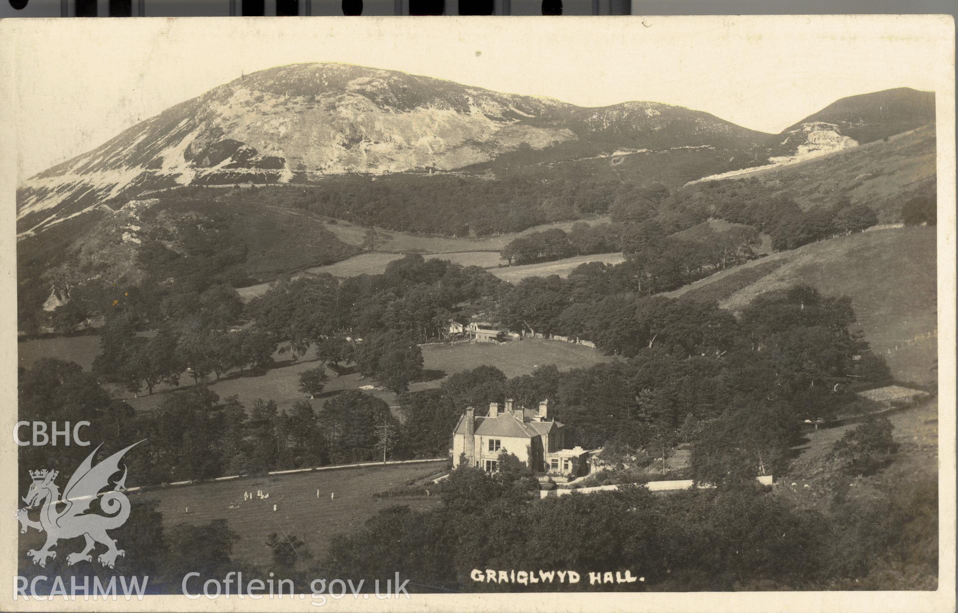 Digitised postcard image of Graiglwyd  Hall, Penmaenmawr. Produced by Parks and Gardens Data Services, from an original item in the Peter Davis Collection at Parks and Gardens UK. We hold only web-resolution images of this collection, suitable for viewing on screen and for research purposes only. We do not hold the original images, or publication quality scans.