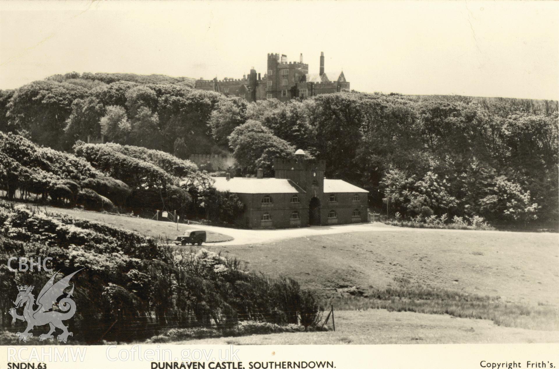 Digitised postcard image of stable block in Dunraven Park, Friths series. Produced by Parks and Gardens Data Services, from an original item in the Peter Davis Collection at Parks and Gardens UK. We hold only web-resolution images of this collection, suitable for viewing on screen and for research purposes only. We do not hold the original images, or publication quality scans.