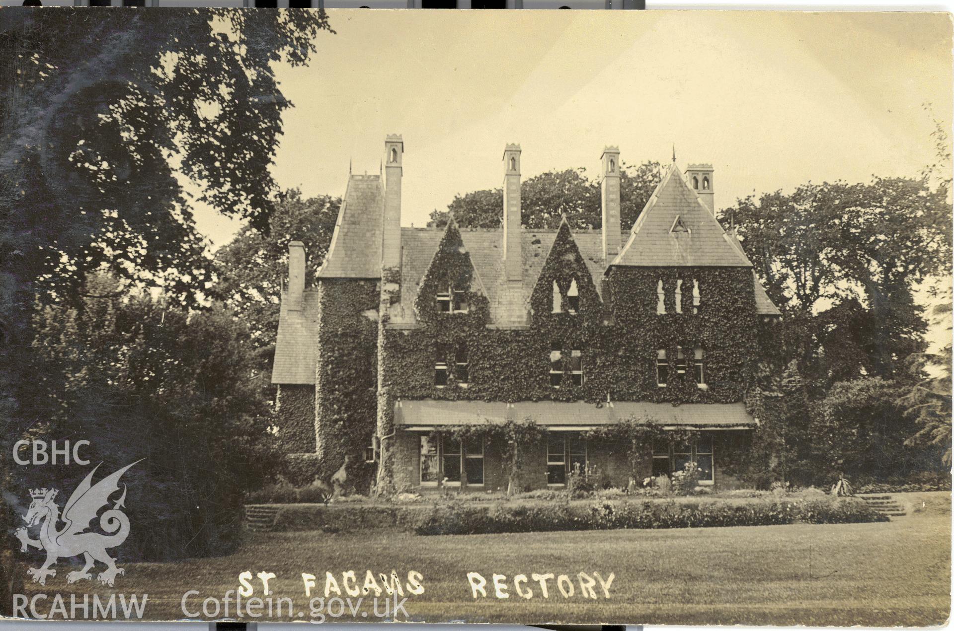 Digitised postcard image of St Fagans Rectory. Produced by Parks and Gardens Data Services, from an original item in the Peter Davis Collection at Parks and Gardens UK. We hold only web-resolution images of this collection, suitable for viewing on screen and for research purposes only. We do not hold the original images, or publication quality scans.