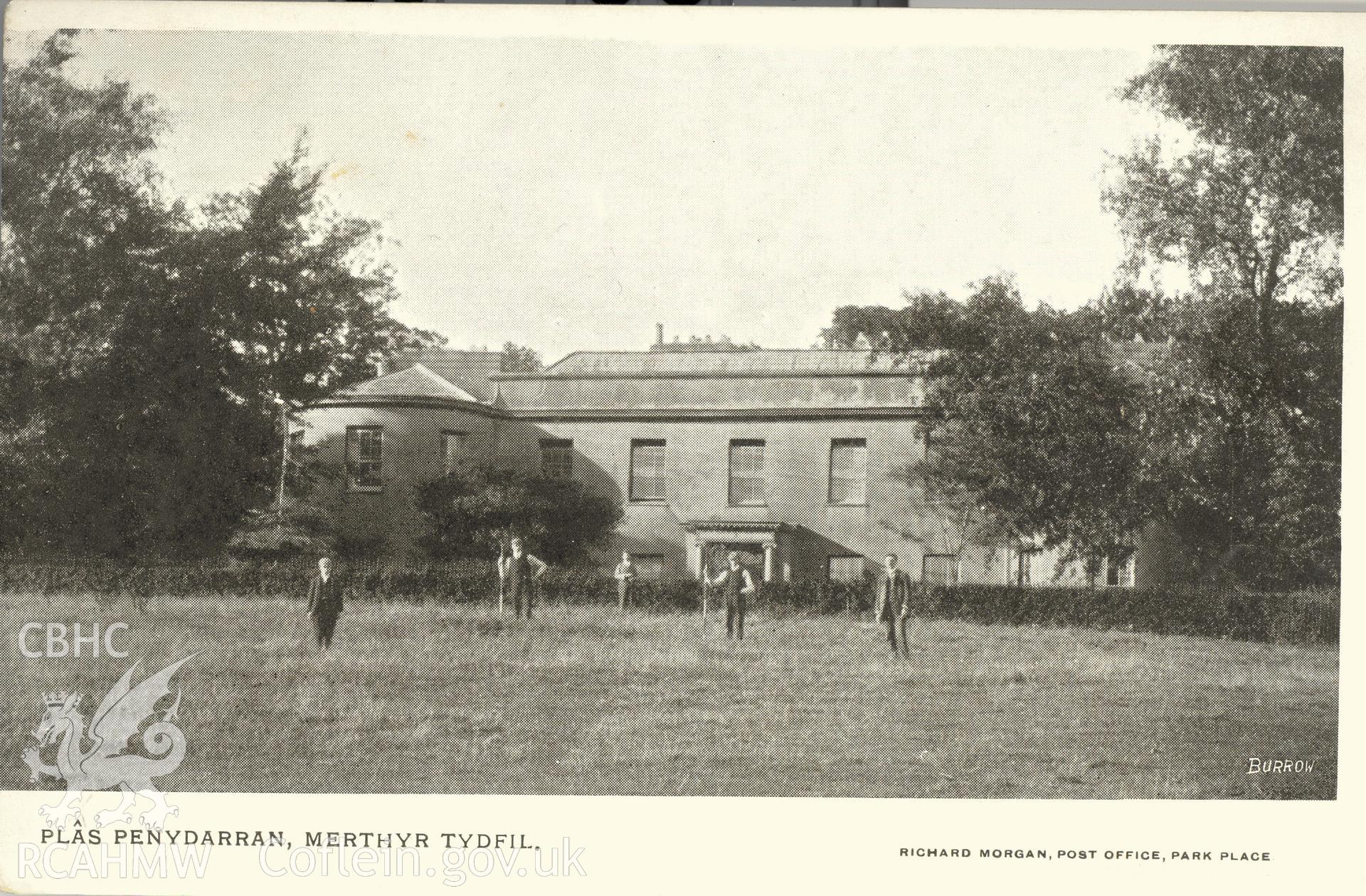 Digitised postcard image of Pen-y-Darren, Merthyr Tydfil, Burrow, Chletenham. Produced by Parks and Gardens Data Services, from an original item in the Peter Davis Collection at Parks and Gardens UK. We hold only web-resolution images of this collection, suitable for viewing on screen and for research purposes only. We do not hold the original images, or publication quality scans.