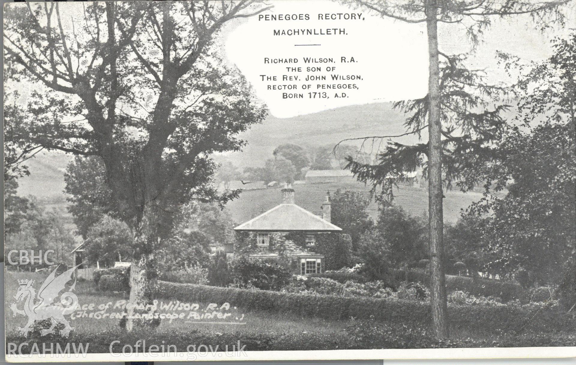 Digitised postcard image of Penegoes Rectory, Evan Jones, Machynlleth. Produced by Parks and Gardens Data Services, from an original item in the Peter Davis Collection at Parks and Gardens UK. We hold only web-resolution images of this collection, suitable for viewing on screen and for research purposes only. We do not hold the original images, or publication quality scans.