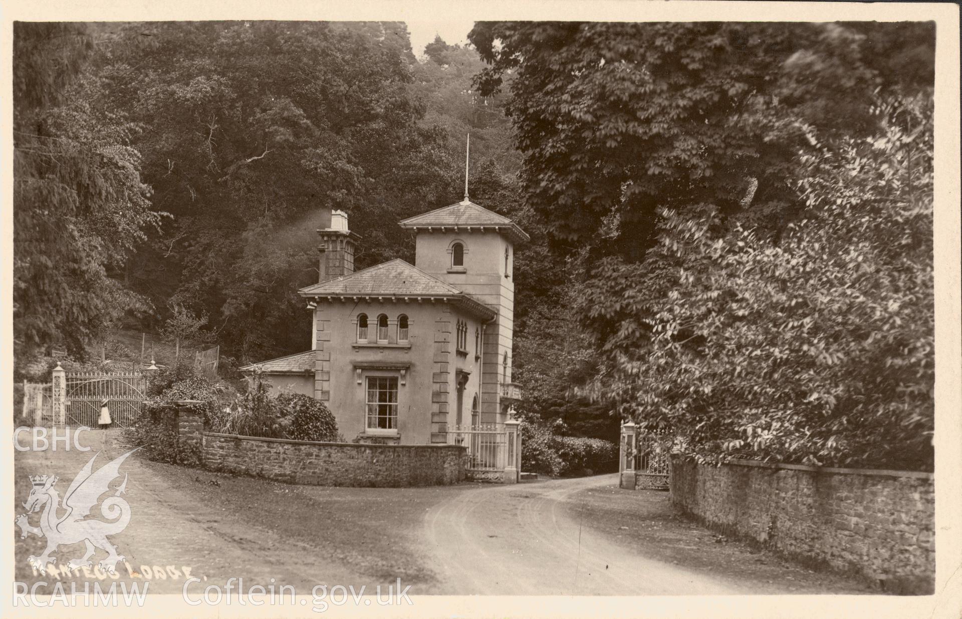 Digitised postcard image of Nanteos Lodge, Llanfarian. Produced by Parks and Gardens Data Services, from an original item in the Peter Davis Collection at Parks and Gardens UK. We hold only web-resolution images of this collection, suitable for viewing on screen and for research purposes only. We do not hold the original images, or publication quality scans.