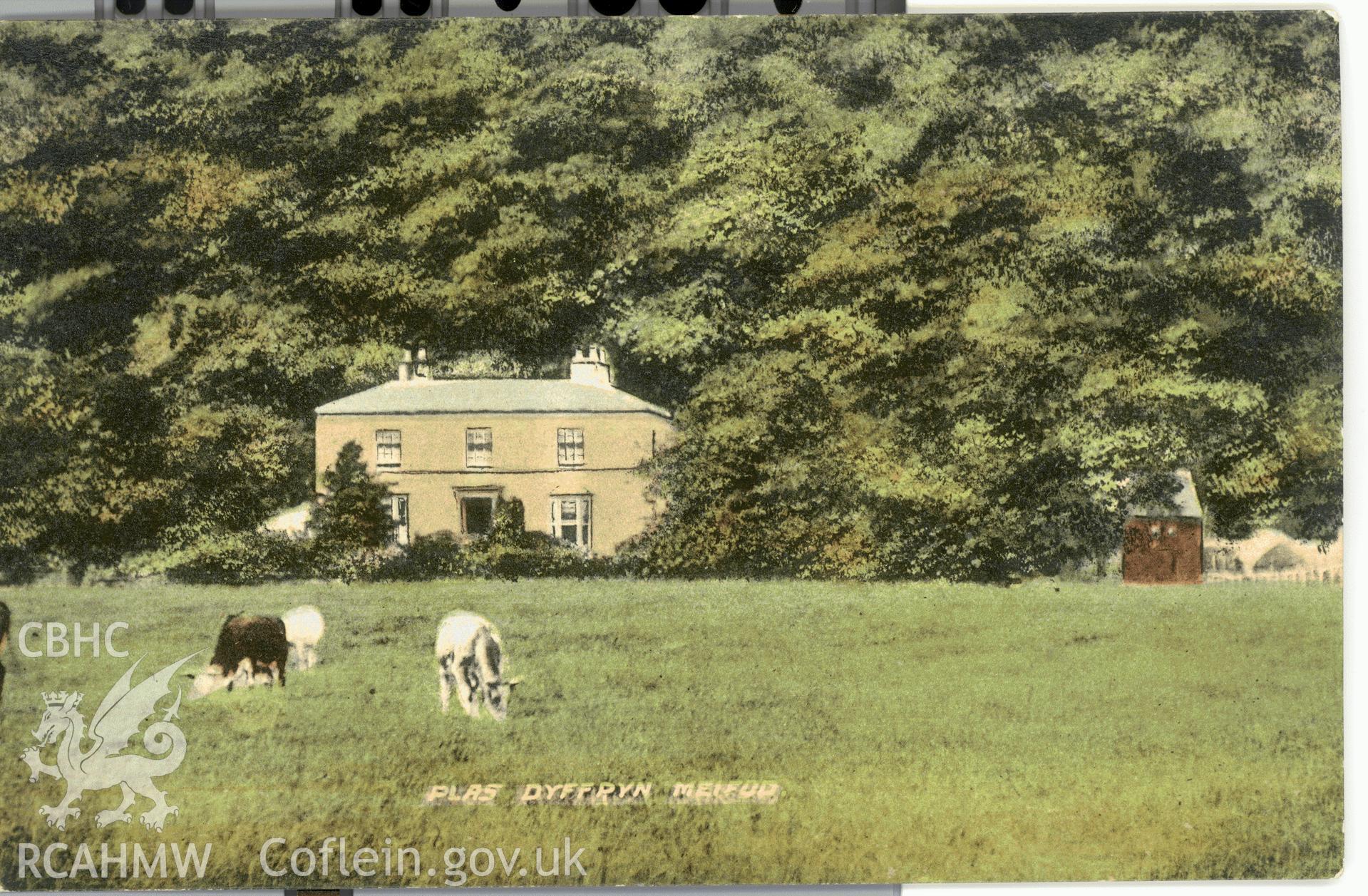 Digitised postcard image of Plas Dyffryn, Meifod, J. Davies, Post Office, Meifod. Produced by Parks and Gardens Data Services, from an original item in the Peter Davis Collection at Parks and Gardens UK. We hold only web-resolution images of this collection, suitable for viewing on screen and for research purposes only. We do not hold the original images, or publication quality scans.