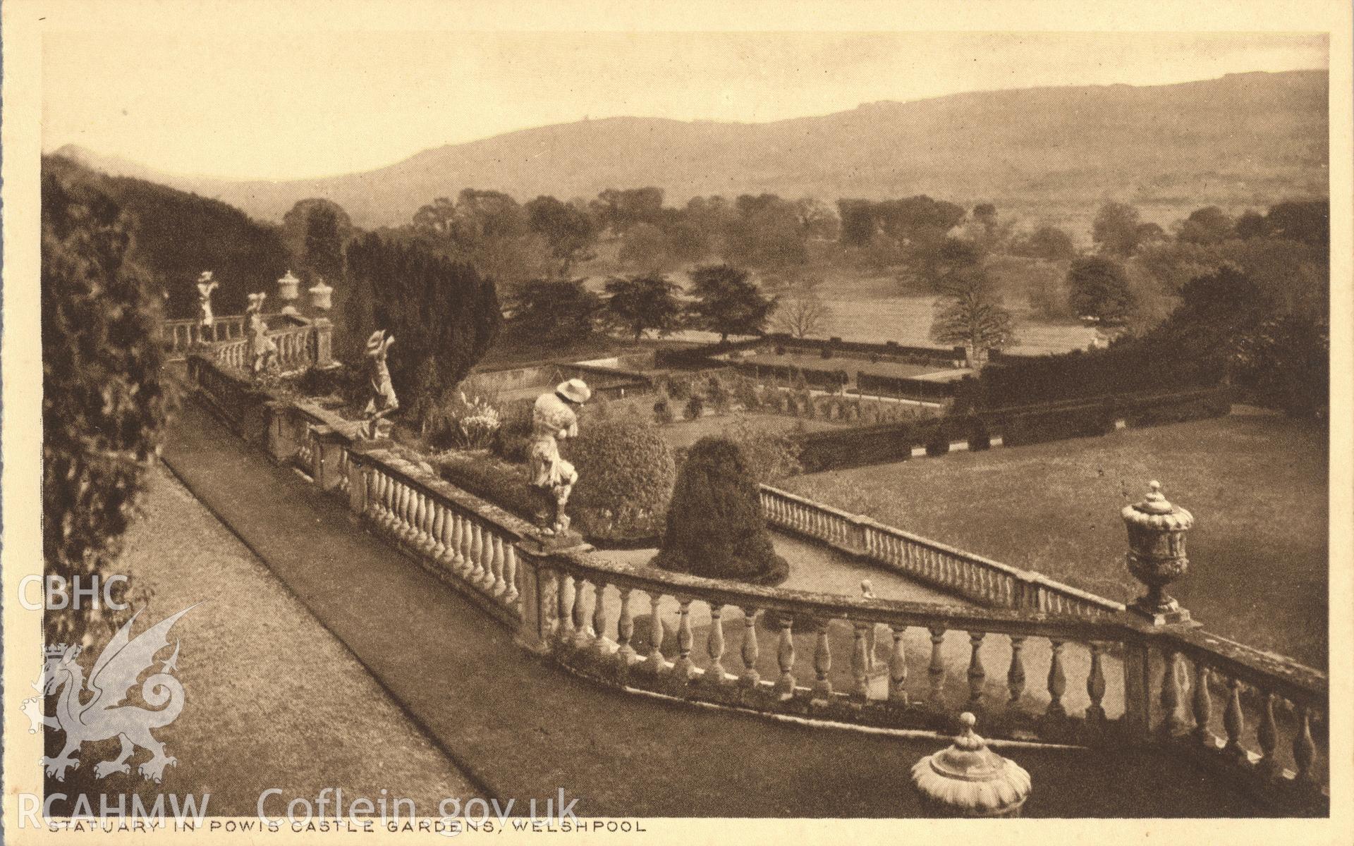 Digitised postcard image of Powis Castle, statuary, main terraces, A. & E. Turner, 15 Broad Street, Welshpool. Produced by Parks and Gardens Data Services, from an original item in the Peter Davis Collection at Parks and Gardens UK. We hold only web-resolution images of this collection, suitable for viewing on screen and for research purposes only. We do not hold the original images, or publication quality scans.