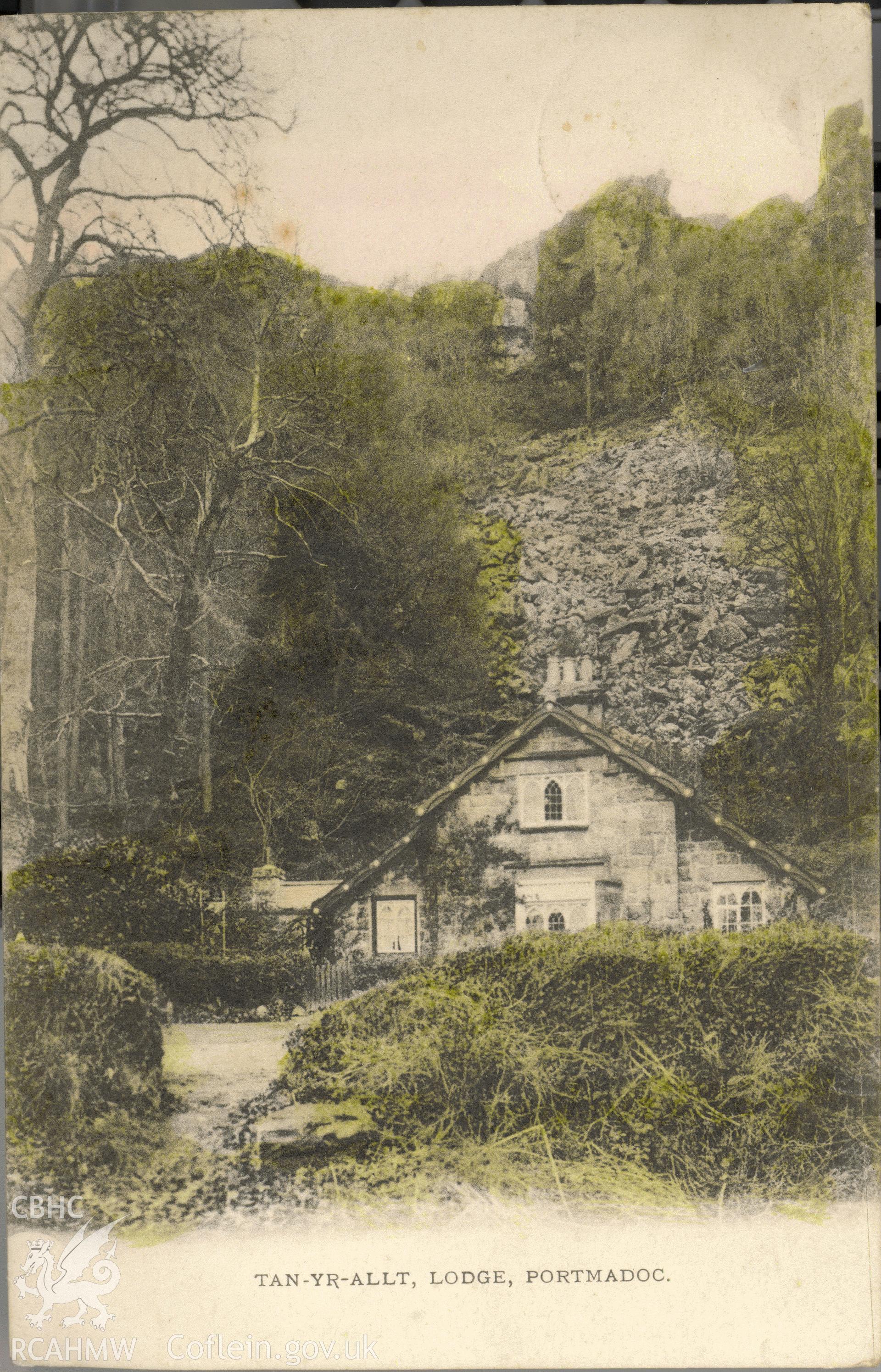 Digitised postcard image of lodge at Tan-yr-allt, Tremadog, the Wykeham Collection. Produced by Parks and Gardens Data Services, from an original item in the Peter Davis Collection at Parks and Gardens UK. We hold only web-resolution images of this collection, suitable for viewing on screen and for research purposes only. We do not hold the original images, or publication quality scans.