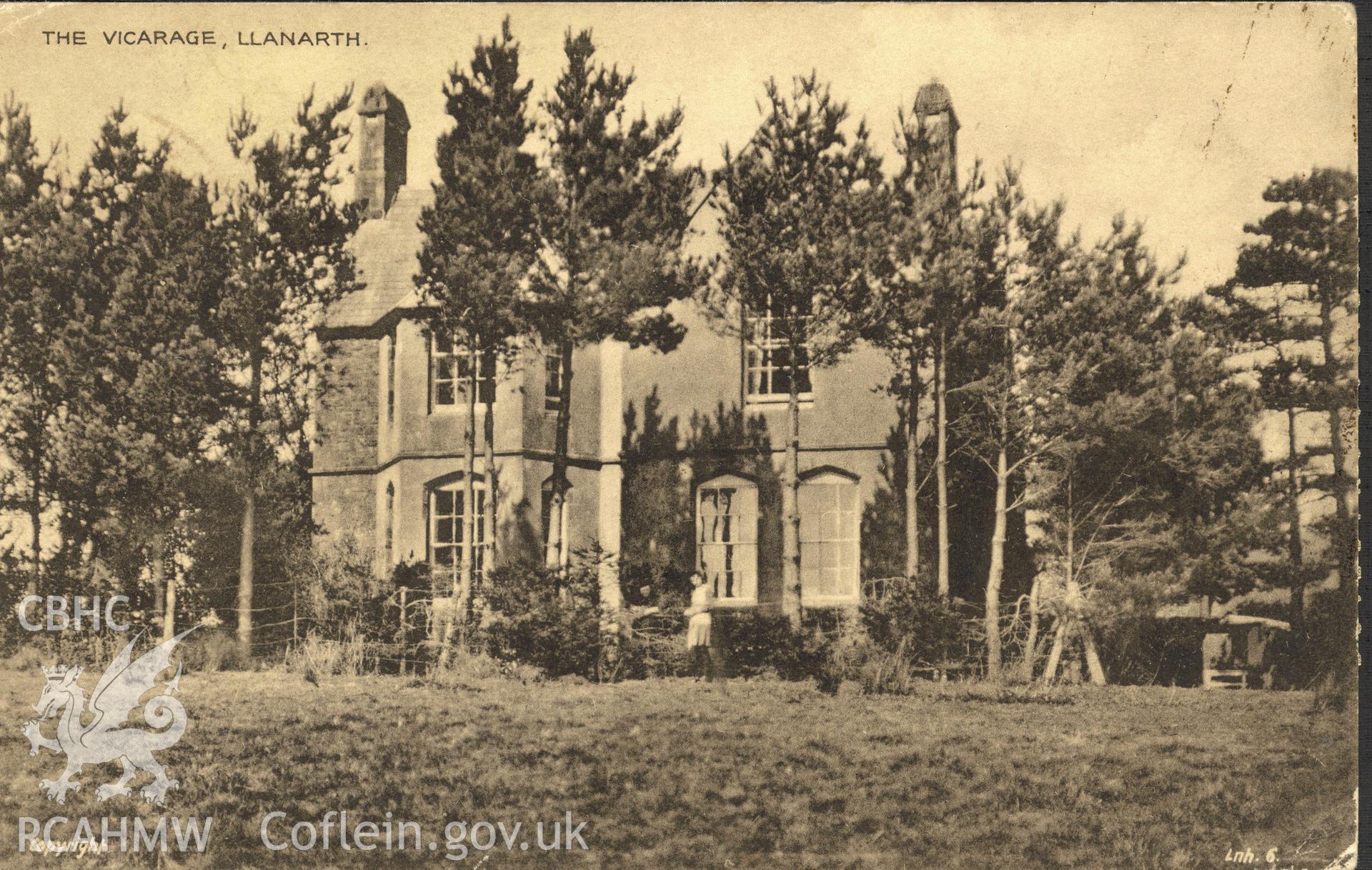 Digitised postcard image of the Vicarage, Llanarth. Produced by Parks and Gardens Data Services, from an original item in the Peter Davis Collection at Parks and Gardens UK. We hold only web-resolution images of this collection, suitable for viewing on screen and for research purposes only. We do not hold the original images, or publication quality scans.